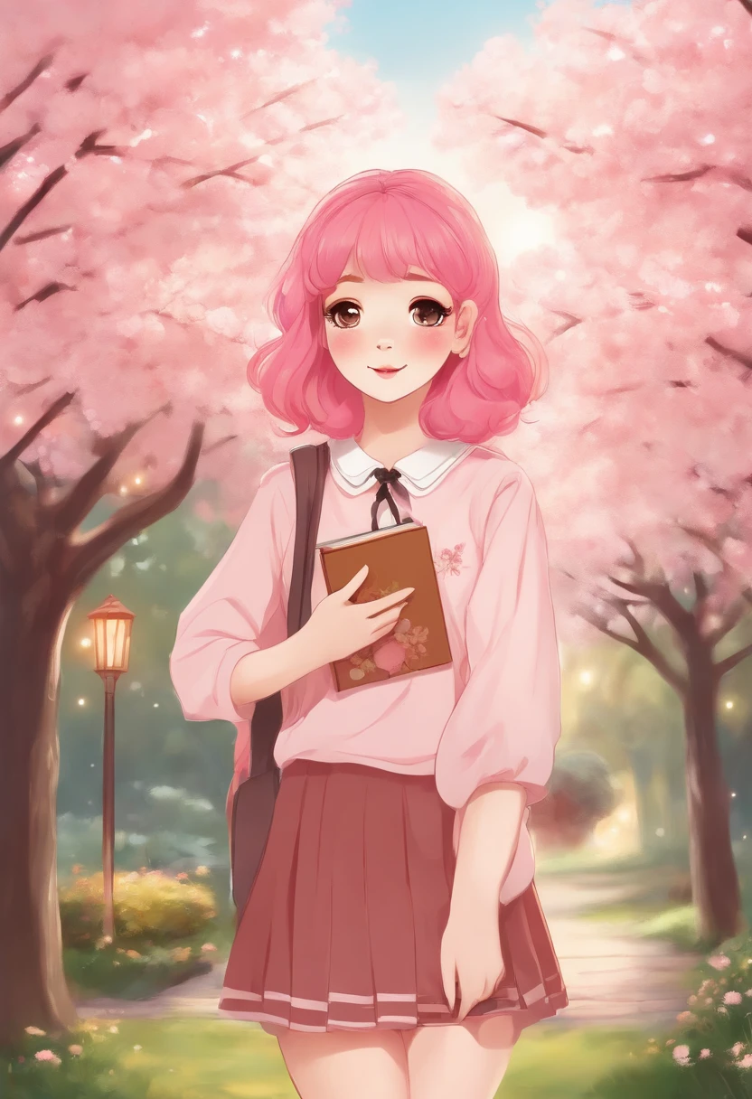 An illustration of a Japanese anime girl with big, expressive eyes and vibrant pink hair, inspired by the art style of Hayao Miyazaki. She is wearing a cute school uniform and holding a stack of books, surrounded by cherry blossom trees. The color temperature is warm and inviting, with soft pastel tones. The lighting is gentle, casting a warm glow on her face, while the atmosphere is whimsical and nostalgic.