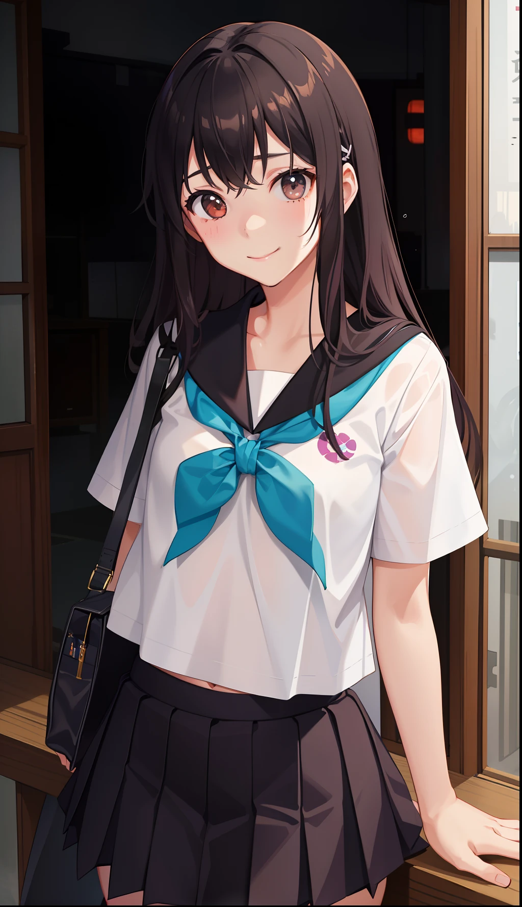 1girl in、A smile、The shirt、skirt by the、（small tits）Chilarism、Japan High School Student Uniform、serafuku、summer clothing、Squall Drenched Uniform、（Sheer Bra）、Upper body portrait、