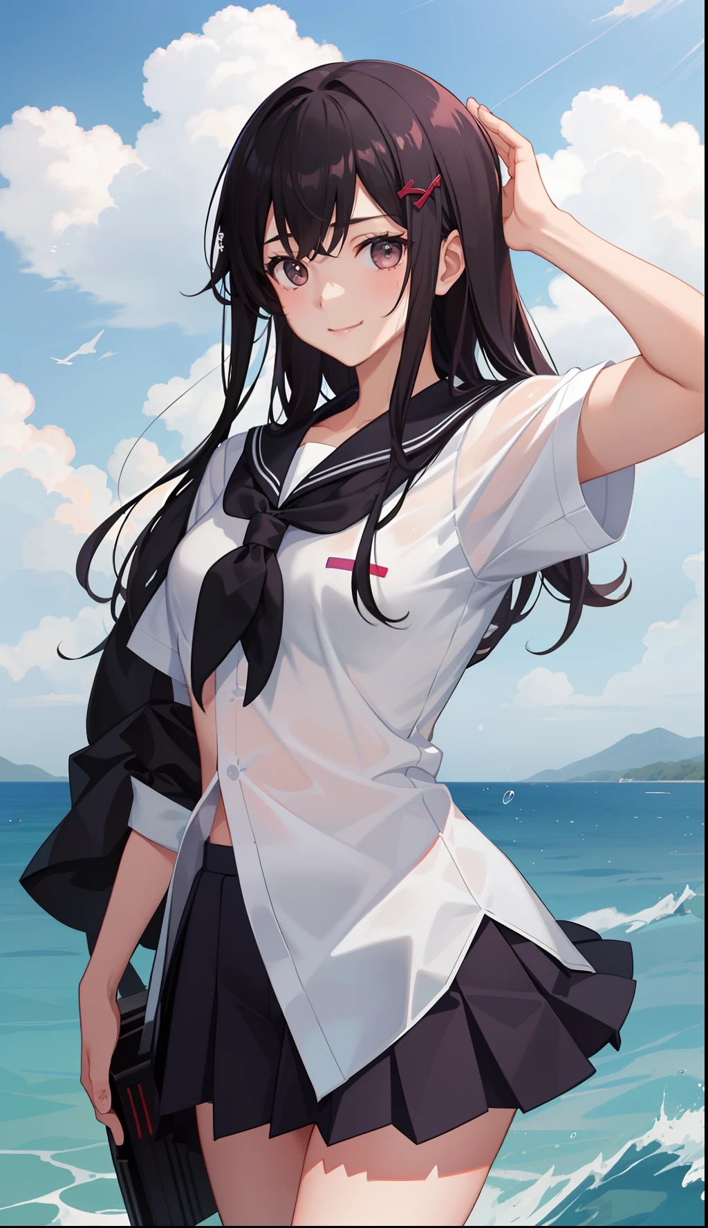 1girl in、A smile、The shirt、skirt by the、（small tits）Chilarism、Japan High School Student Uniform、serafuku、summer clothing、Squall Drenched Uniform、（Sheer Bra）、Upper body portrait、