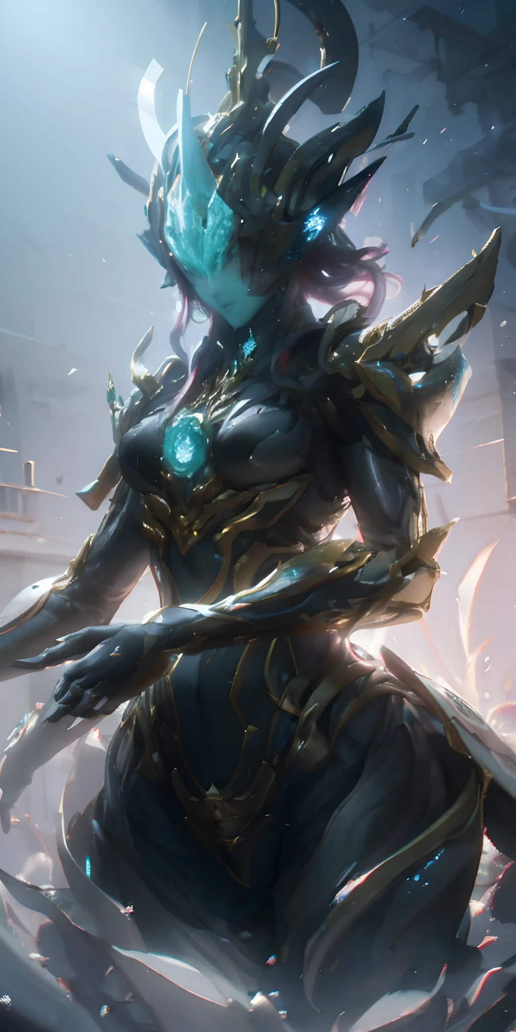 1 girl, with no face, mysterious, helmet, Unicorn horns, Glowing eyes, Extreme detail, Glossy metal, Dynamic Angle, Detailed light, Dramatic_black shadows, Ray_tracing, Reflection,primitive, cinema shot, (Sharp focus:1.5), (Photorealistic:1.2), twilight lighting, voluminetric lighting, 超高分辨率, 16k,Dramatic lighting,