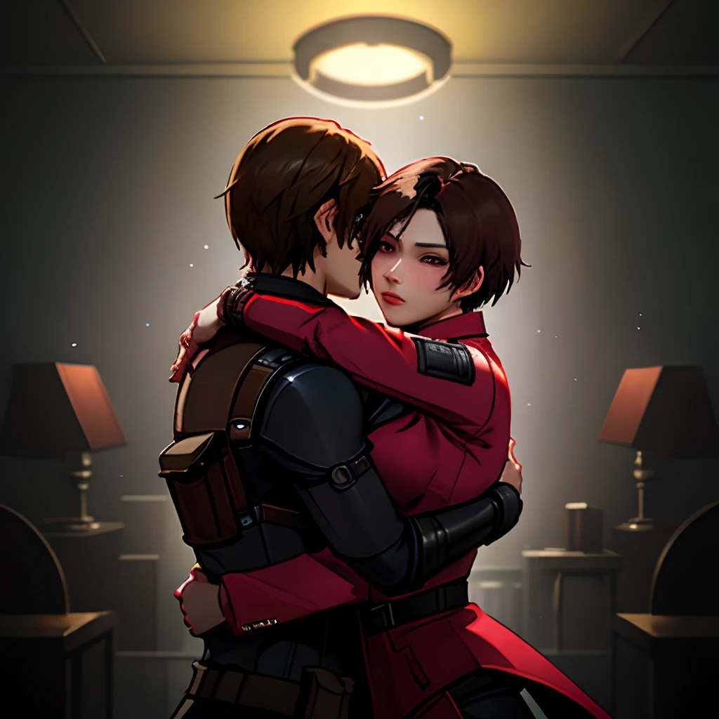 Leon S. Kennedy and Ada Wong from the movie "Resident Evil 4", hugging, volumetric lighting, Depth of field, elaborate faces