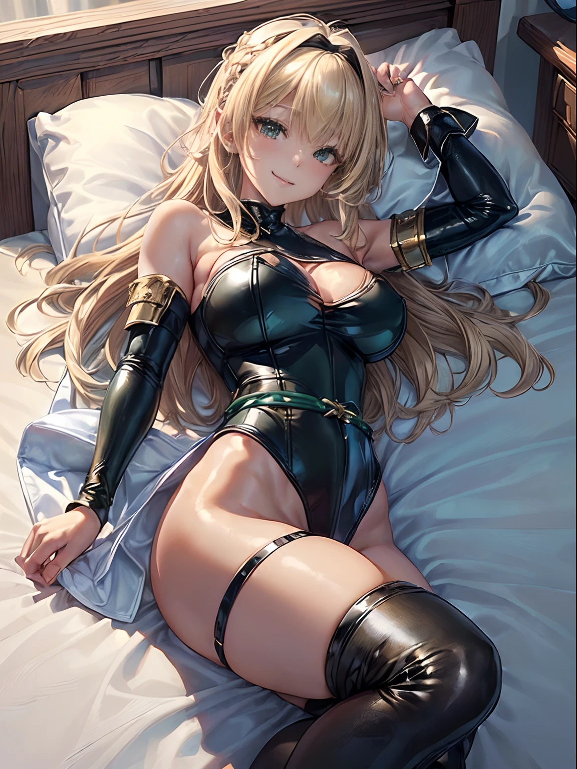 (top-quality: 1.3), (​masterpiece: 1.3), (The ultra-detailliert: 1.3), (wall-paper, one girls: 1.1)、(Detailed hands and fingers:1.2)、(Detailed ultra-oily shiny skin:1.1)、oily shiny thighhigh、((Woman knight))、((Shoulder Rest))、((Blue Hair Band))、(Green leotard:1.5)、(((Wearing a thin leather belt around the waist:1.3)))、(White cloak)、(blondehair:1.5)、Longhaire、waved hair、A big smile、(Beautiful Large Breasts:1.3)、Beautiful sister、Love、a bed、((Woman lying on bed with her head on a fluffy pillow))、Woman with open legs、((Woman in naughty pose))