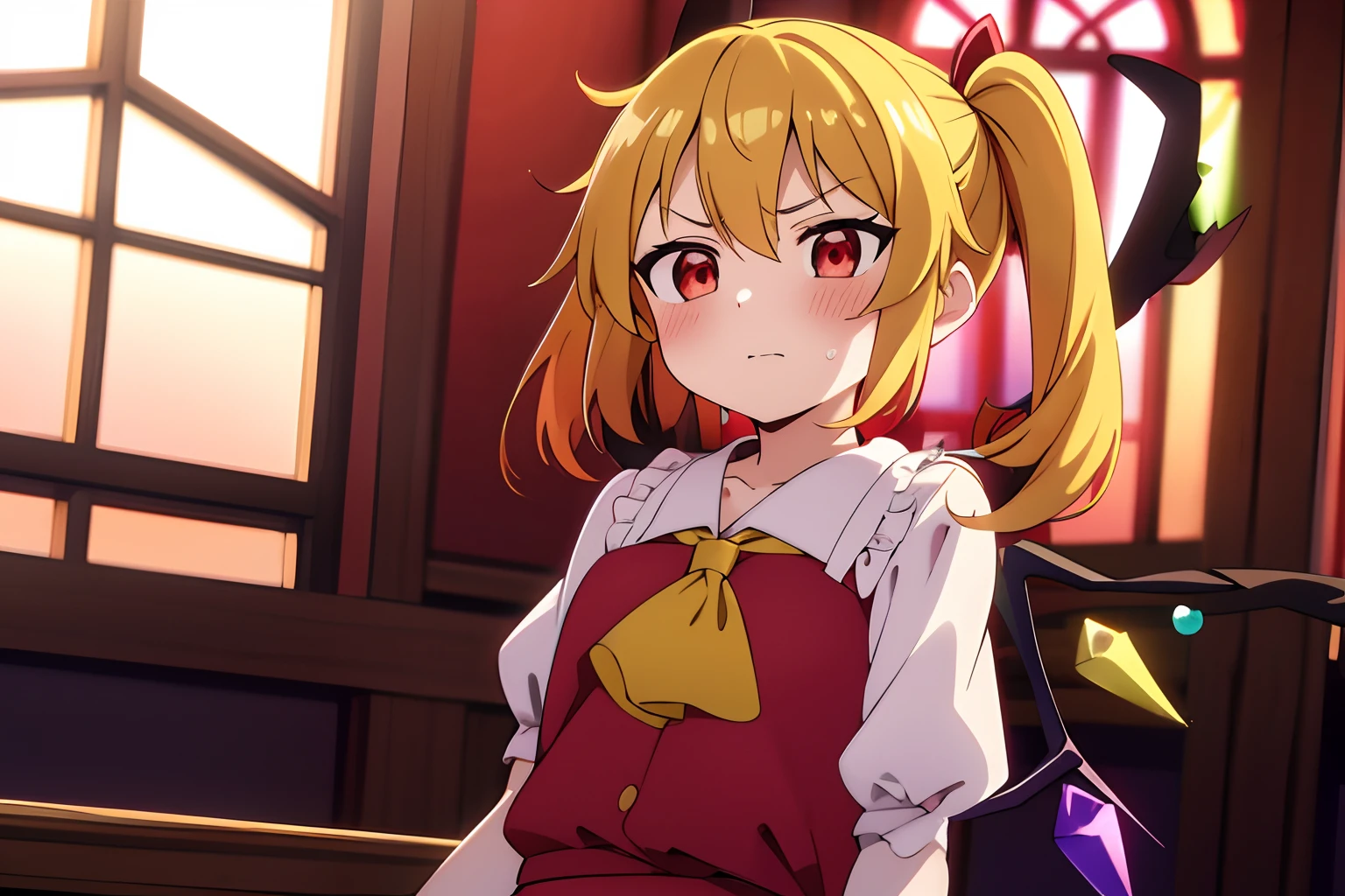 Anime style、Best Quality, 1girl in, Solo, (Flandre Scarlett staring at camera)、From upper body up、is standing、 blushed face、get angry、Bad mood、beautiful countenance、Eye Highlights、Petite、Red eyes、bright yellow hair in the side tail,、shortsleeves、childish、Classroom