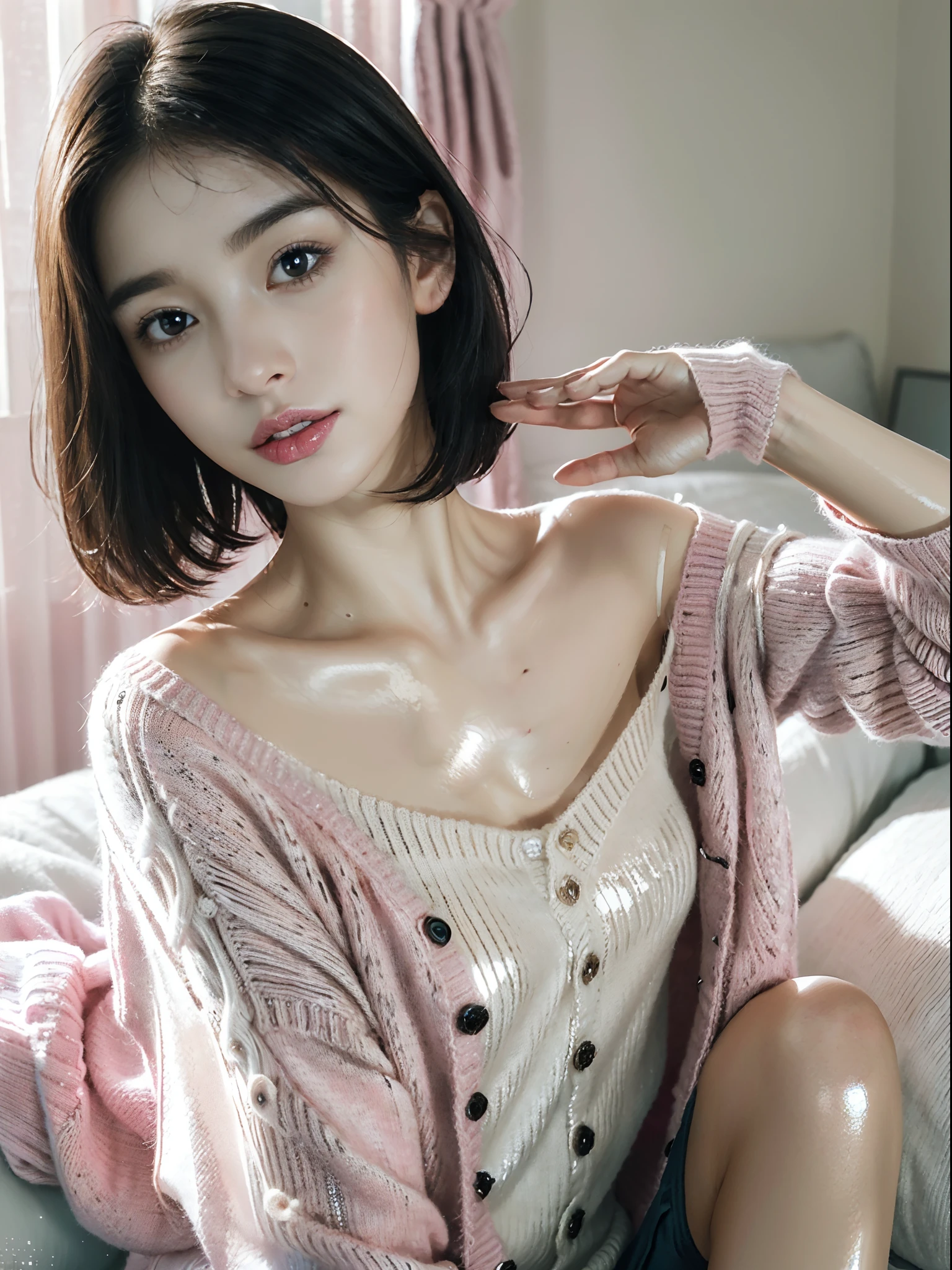 Create a realistic, UHD, 8K visual of A young korean woman with pastel grey hair is posing indoors, with her arm raised and resting on her head, showing a relaxed yet confident demeanor. She is wearing a light red, lace-trimmed camisole. A delicate necklace with a pendant rests on her chest, large chest, legs spreads aparts. The background shows soft shadows on a light-colored wall, indicating warm, natural lighting. The woman's expression is calm and slightly pensive, her gaze directed at the camera, creating an intimate and personal atmosphere.