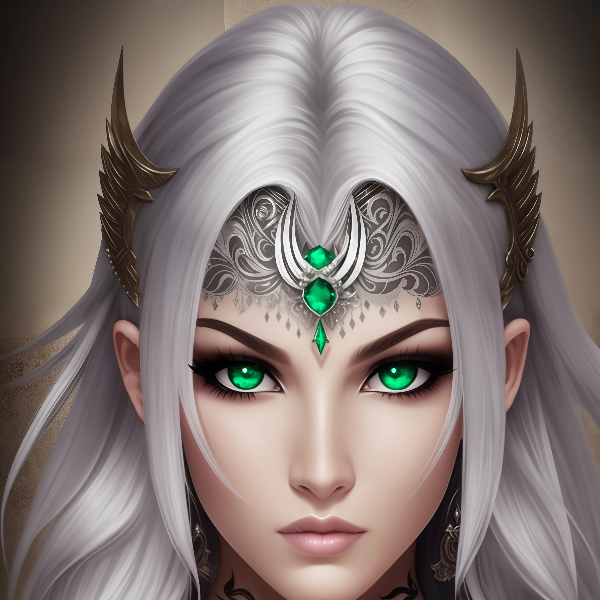 silver hair emerald eye warrior high warlock female tattoo high cheekbone strong expression angelic quality --auto --s2