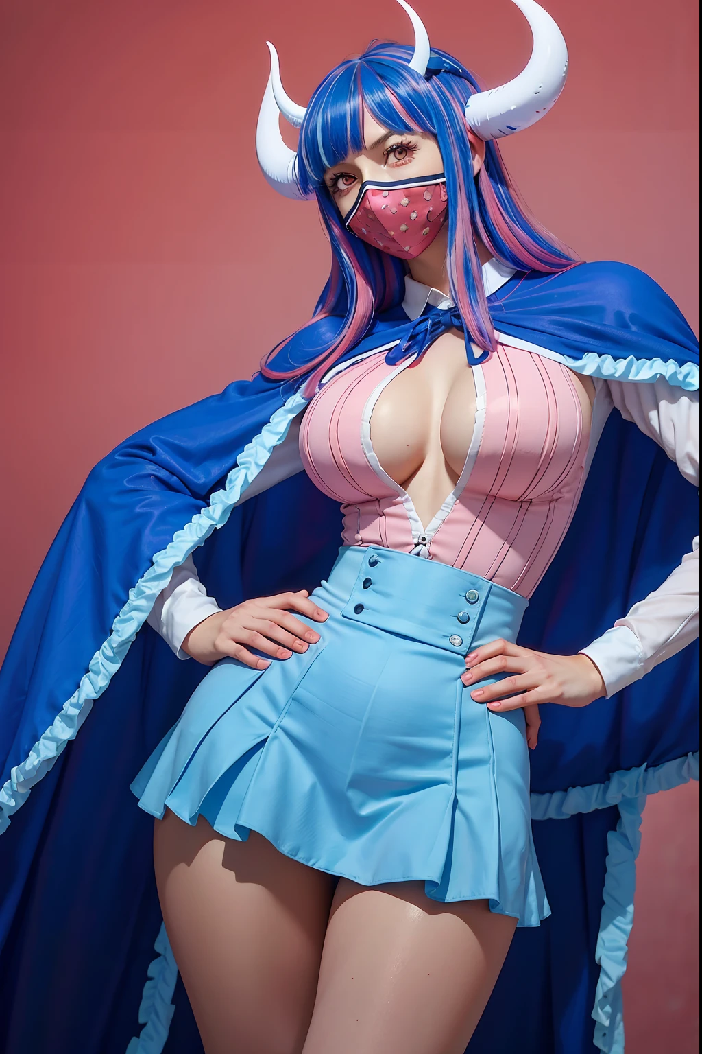 1girl, breasts, horns, red background, solo, hand on hip, rating:safe, mask, skirt, blue hair, long hair, mouth mask, shirt, pantyhose, multicolored hair, red eyes, cleavage, high-waist skirt, blue skirt, large breasts, bangs, two-tone hair, capelet, long sleeves, cowboy shot, looking at viewer, gradient, blunt bangs, gradient background, pink hair