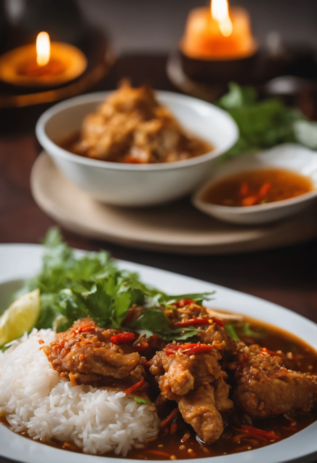 there is a plate with a bowl of spicy rica broth a rice and a quarter of indonesian fried chicken, on a plate in a busy diner, with crisp on the plate yummy, very tasty, competition winning, closeup at the food, close up, dish, indonesian fried chicken, a lot of white bean sprout on top, with plate of rica broth, a bit spicy, malaysian, ❤🔥🍄🌪, south east asian with long, traditional, high quality food photography