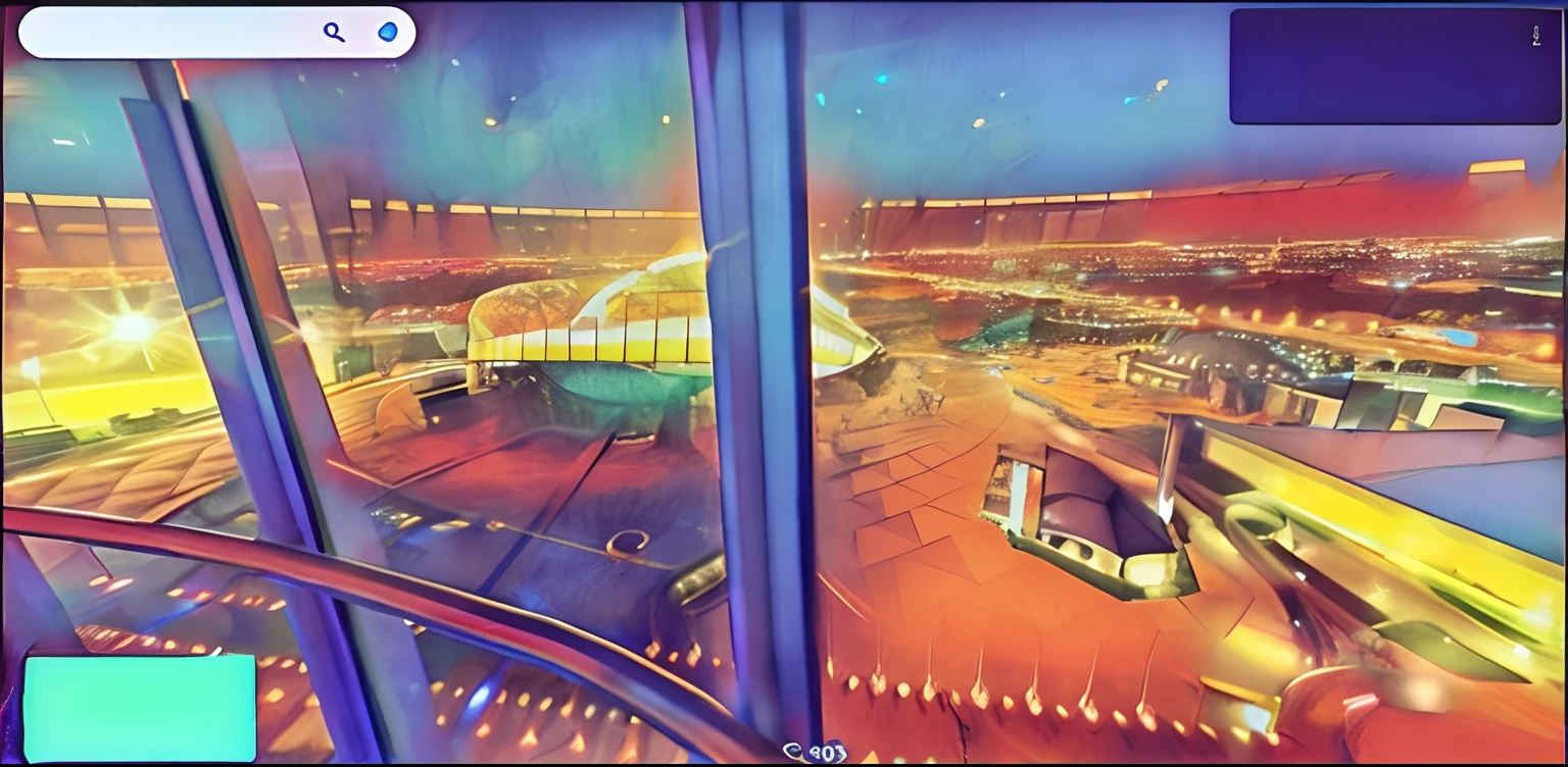 photo realistic photo taken from a high observatory, structure in the middle, lots of structures on the right now, correct realistic colors