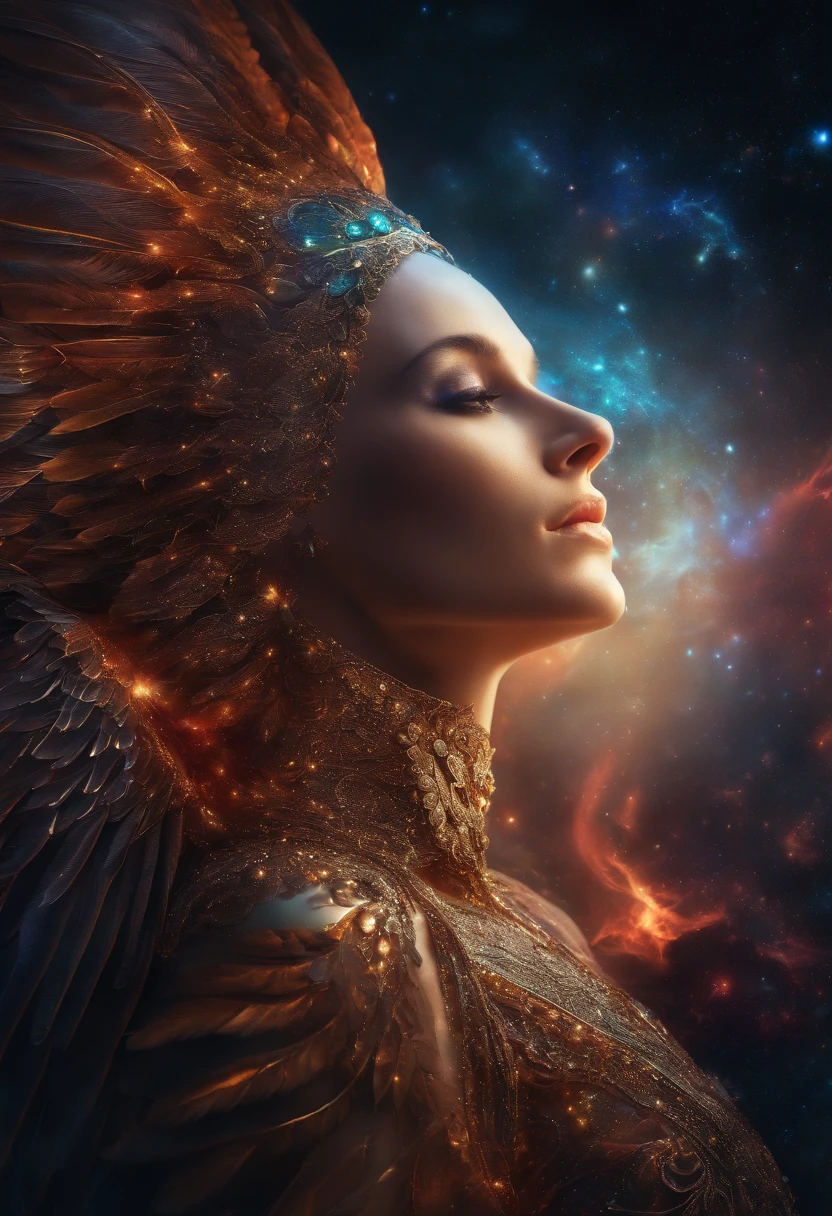 Cosmic fallen angel, Des yeux clairs brillants, Biomechanical, odd, flippant, cauchemardesque, Very bright colors, Light particles, with bright light, Mshiff, Art du papier peint, UHD wallpaper