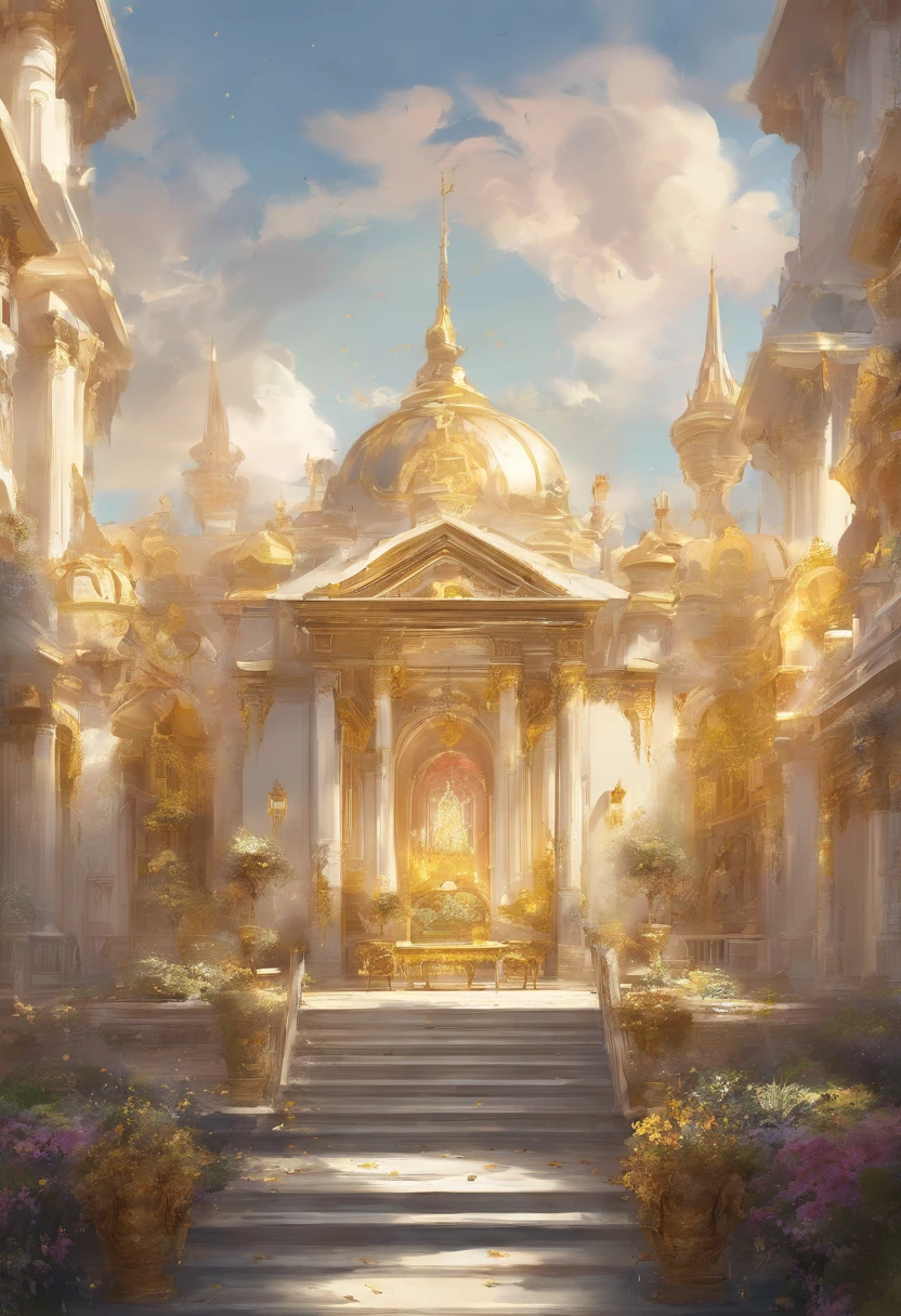 large palace, white walls, golden roofs, golden furnishings, large garden, variety of flowers, majestic