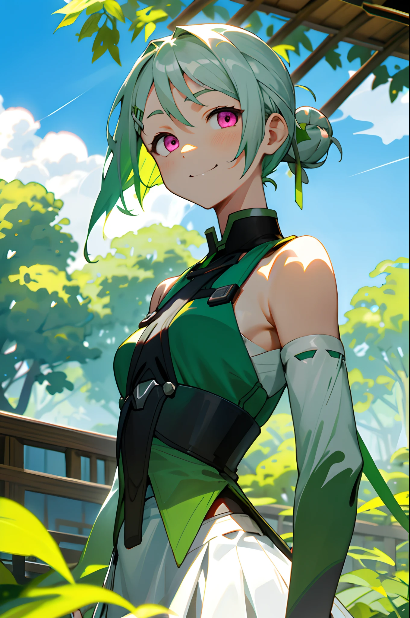 with blue sky and white clouds,Sun shining through the clouds,Irradiate the ground, front look, looking at viewert, A half body, verdant,wooden building,The background is a large area of green leaves,Gazebo,The tree々,green leafs,17 years old girl、Short hairstyle with silver hair and bob, Hair tied in a bun with a hair clip, Pink eyes, small tits,A slight smil、Laugh,Dynamic Pose,Head slightly lowered,upper body closeup,low-saturation,Bare arms,green colored theme,Surround green leaves