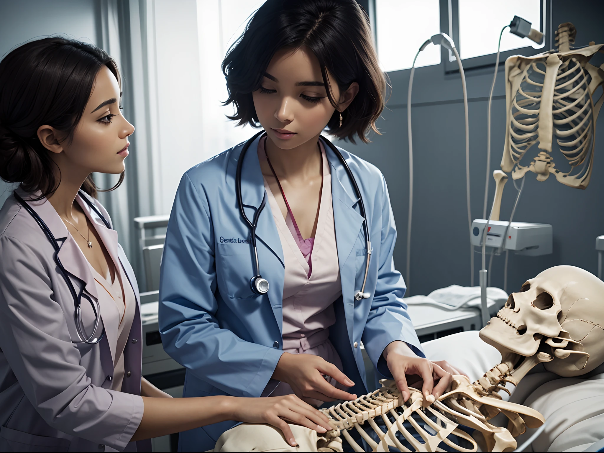 In the hospital,A beautiful doctor examines a skeleton