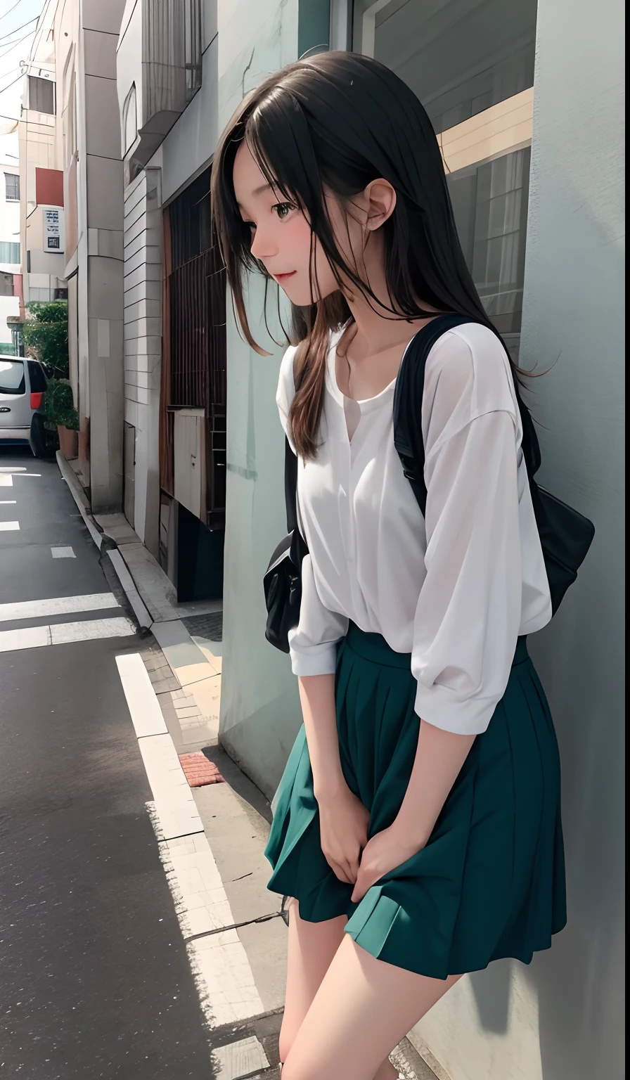 15 only、hi-school girl、One girl is taking her to the bathroom、Looking away、is standing、green colored eyes、embarrassed from、Blushing、Keep your mouth shut、a street(girl is peeing self:0.4)