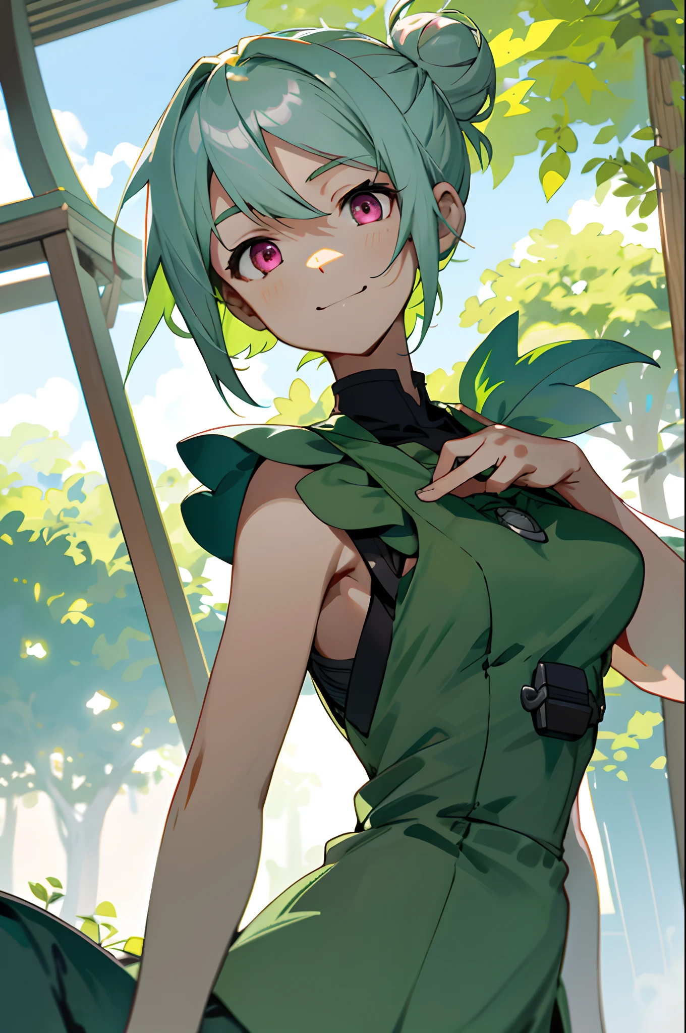 with blue sky and white clouds,Sun shining through the clouds,Irradiate the ground, front look, looking at viewert, A half body, verdant,wooden building,The background is a large area of green leaves,Gazebo,The tree々,green leafs, girl、Short hairstyle with silver hair and bob, Hair tied in a bun with a hair clip, Pink eyes, small tits,A slight smil、Laugh,Dynamic Pose,Head slightly lowered,upper body closeup,low-saturation,Bare arms,green colored theme,Surround green leaves
