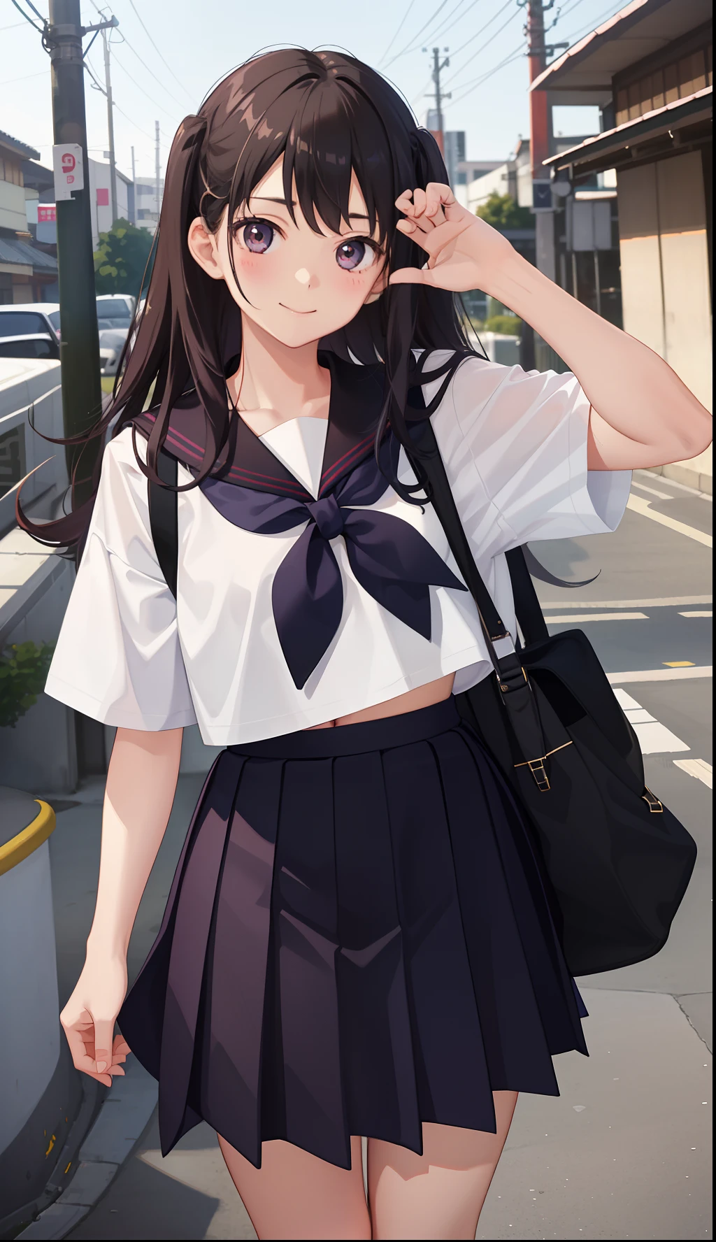 1girl in、A smile、The shirt、skirt by the、(small tits)Chilarism、Japan High School Student Uniform、serafuku、summer clothing、Upper body portrait、