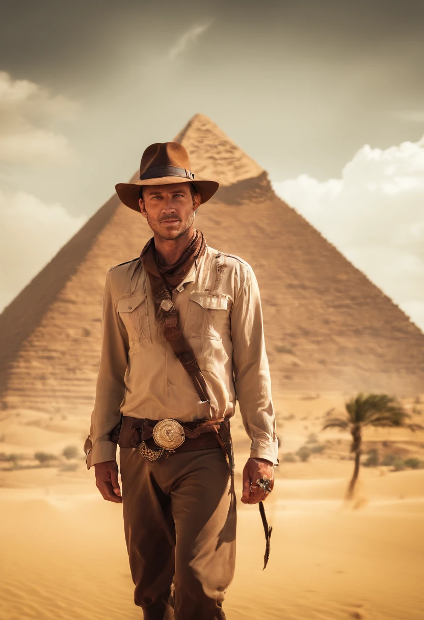 Showcase a portrait of a man, dressed like Indiana Jones with his fedora, to be used as a thumbnail and profile picture, the man is standing in front of the Egyptian pyramids in the hot desert sun. It should be fun and adventurous with a hint of horror. 8k