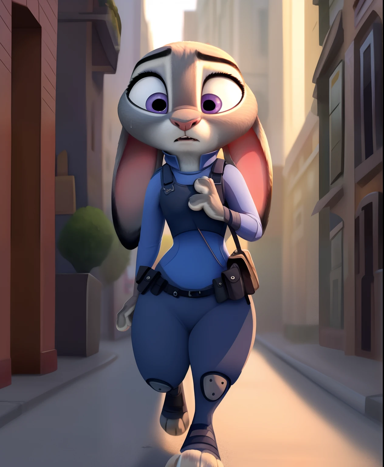 Judy Hopps walking in Zootopia while she is crying with tears, puppy eyes