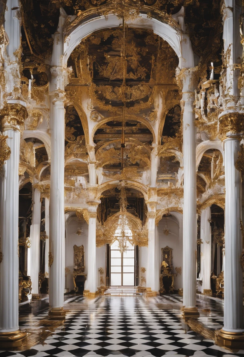 large palace, white walls, golden roofs, golden furnishings, large garden, variety of flowers, majestic