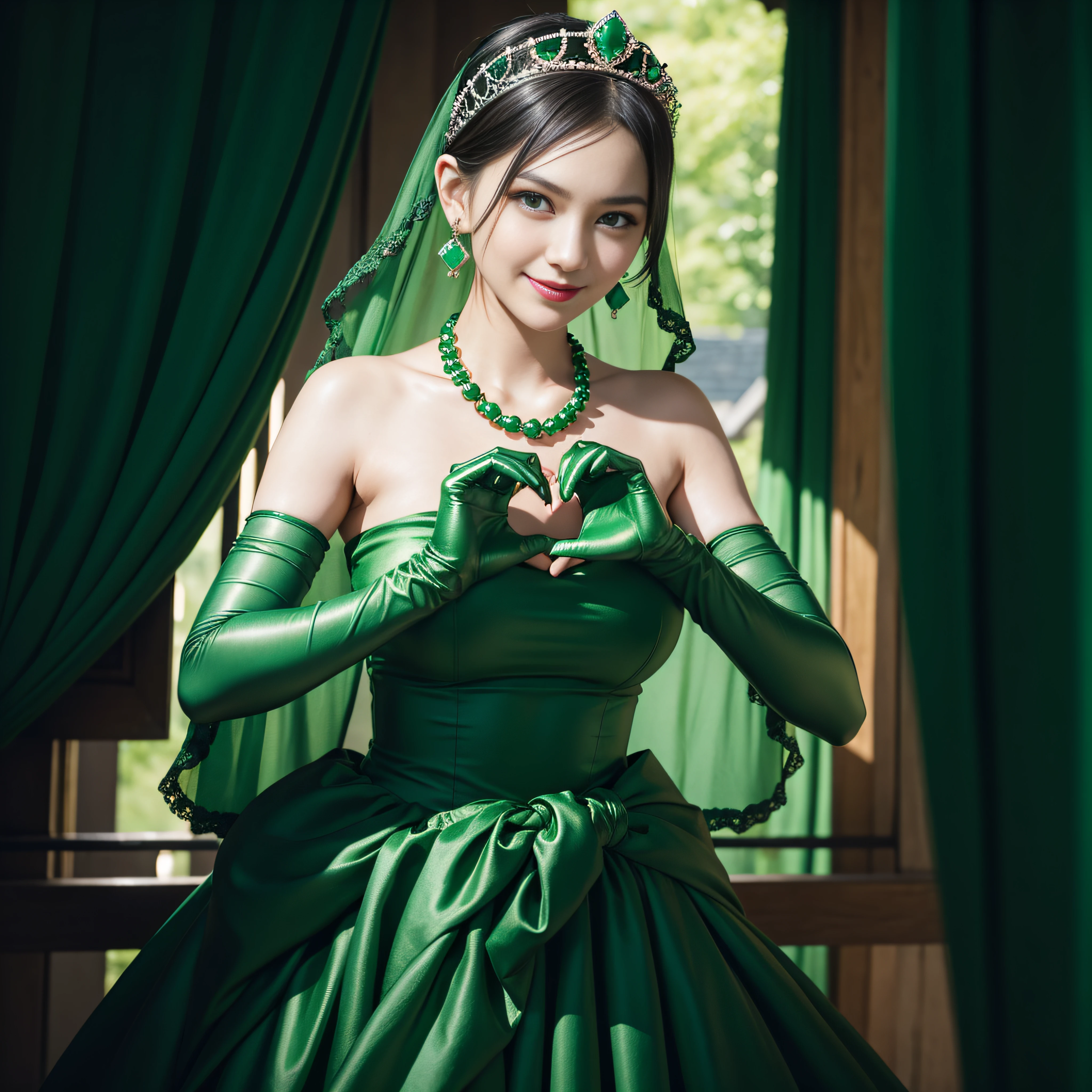 emerald tiara, Green Pearl Necklace, Boyish very short black hair, lipsticks, Japan woman smiling, very short short hair, big breasts beautiful, Green eyes, Long green gloves made of satin material, Green eyes, Emerald Earrings, green vale, Heart with both hands