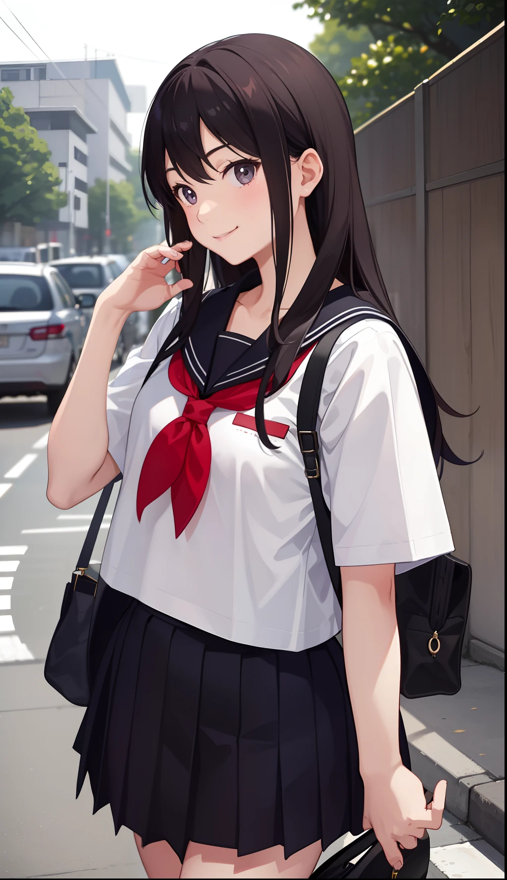 1girl in、A smile、The shirt、skirt by the、（small tits）Chilarism、Japan High School Student Uniform、serafuku、summer clothing、Upper body portrait、