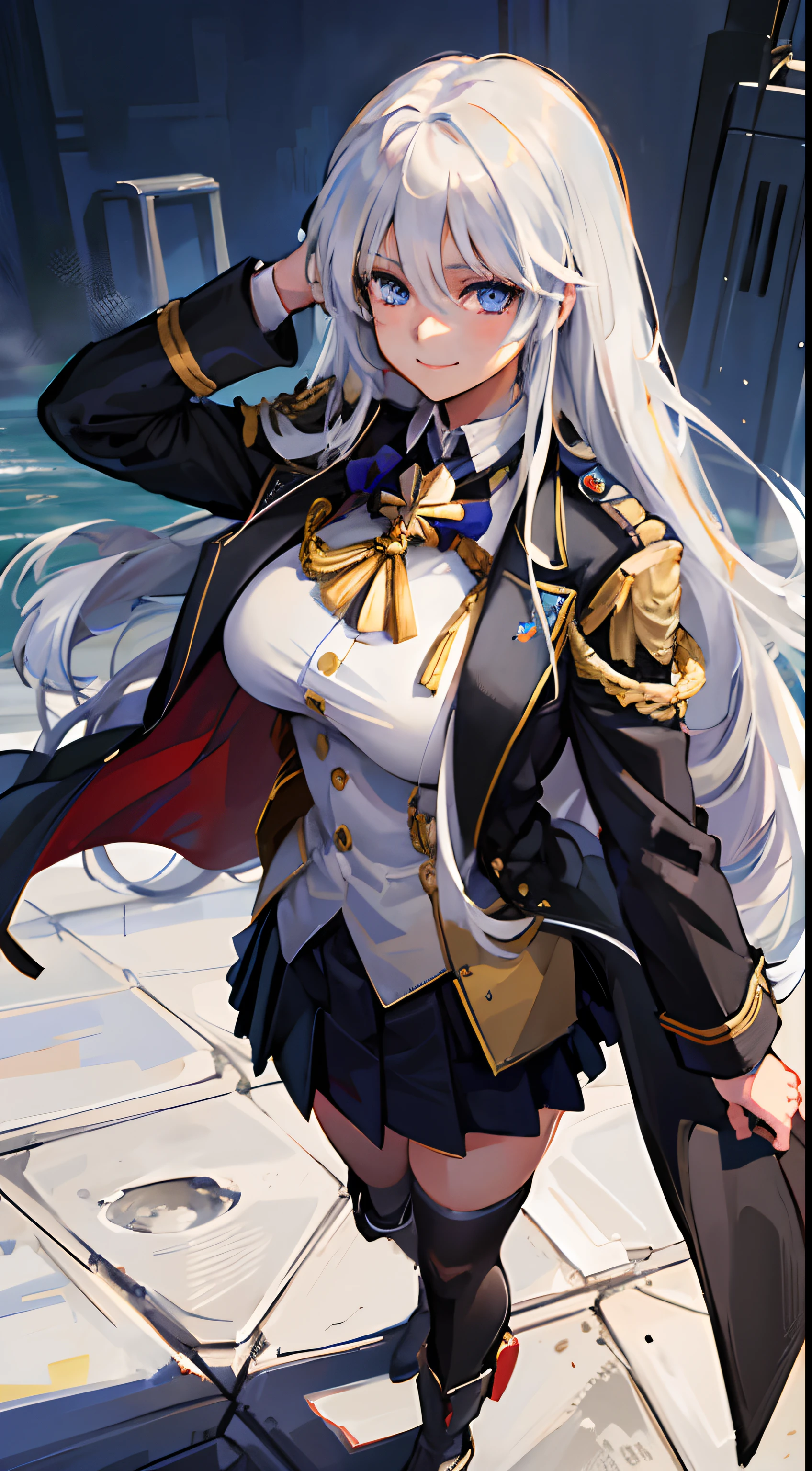 Best quality, masterpiece, 1girl, white hair, uniform, coat, large breasts, looking at viewer, warm smile, blue eyes, long hair, military uniform, standing