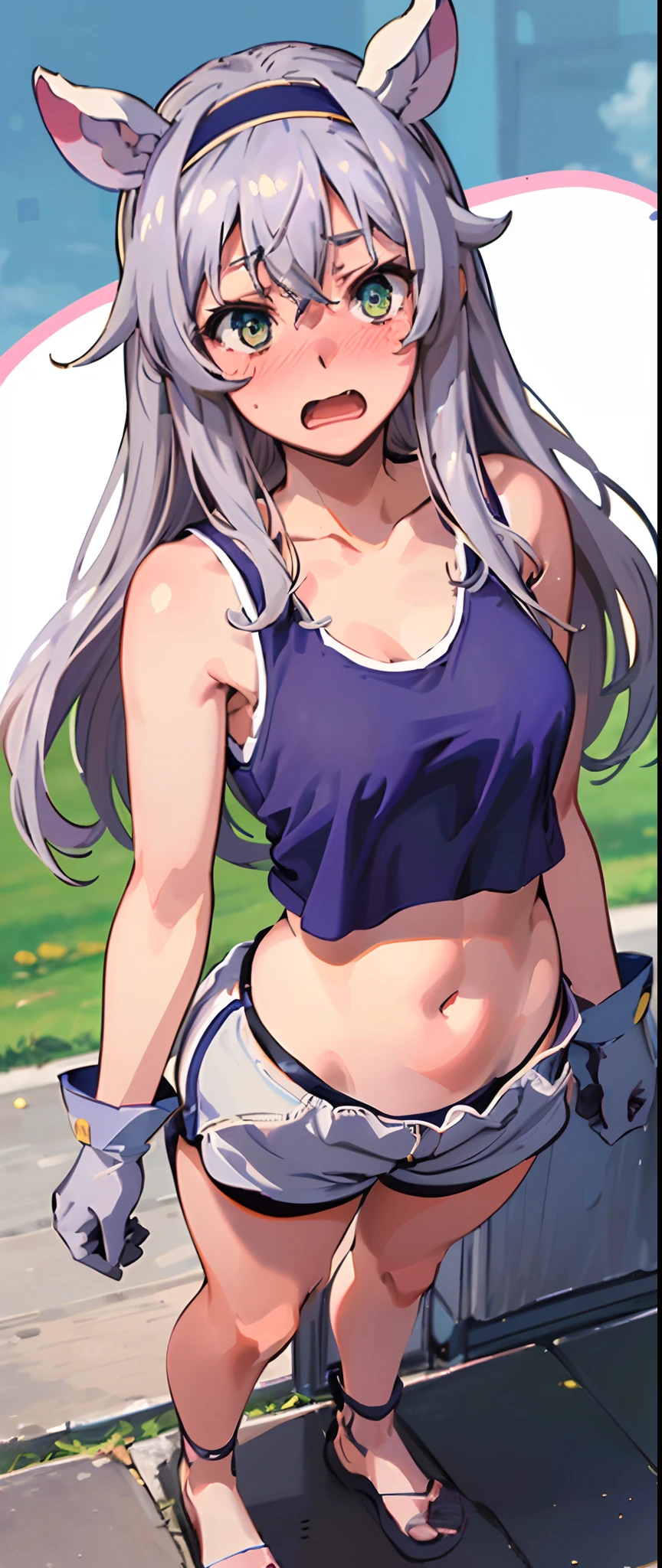 best quality, (masterpiece:1.2), detailed,
Sistine Fibel,
1girl, solo, open mouth, wavy mouth, nose blush, embarrassed, medium breasts,
long hair, grey hair, green eyes, blue hairband, animal ears, navel, gloves, (((cropped tank top, 20 years old))), (((ultra-detailed eyes))), ((standing,  full body)).