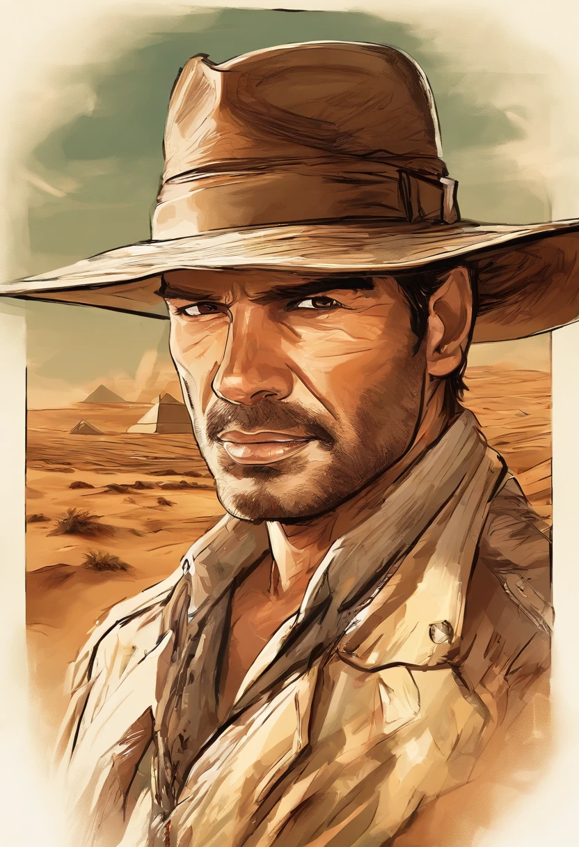Showcase a portrait of a man, dressed like Indiana Jones with his fedora, to be used as a thumbnail and profile picture, the man is standing in front of the Egyptian pyramids in the hot desert sun, but facing us so we can see his rugged, handsome face. It is a bright sunny day. It should be fun and adventurous with a hint of horror. 8k