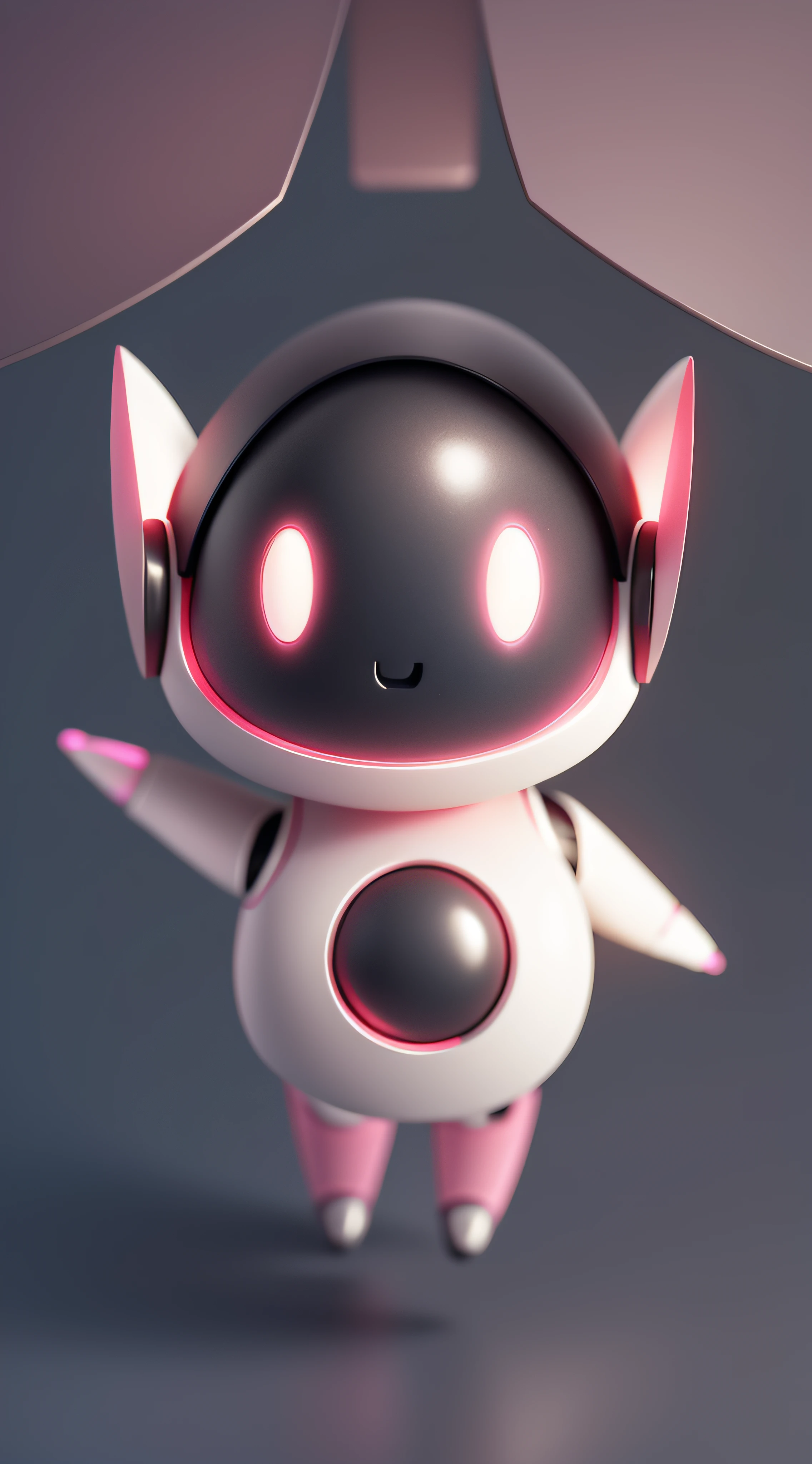 The robot has bright eyes, The robot comes in two colors: black and pink. The robot has a round head and body, two arms and legs, and two antennas on its head. It smiled and seemed to be waving in greeting.