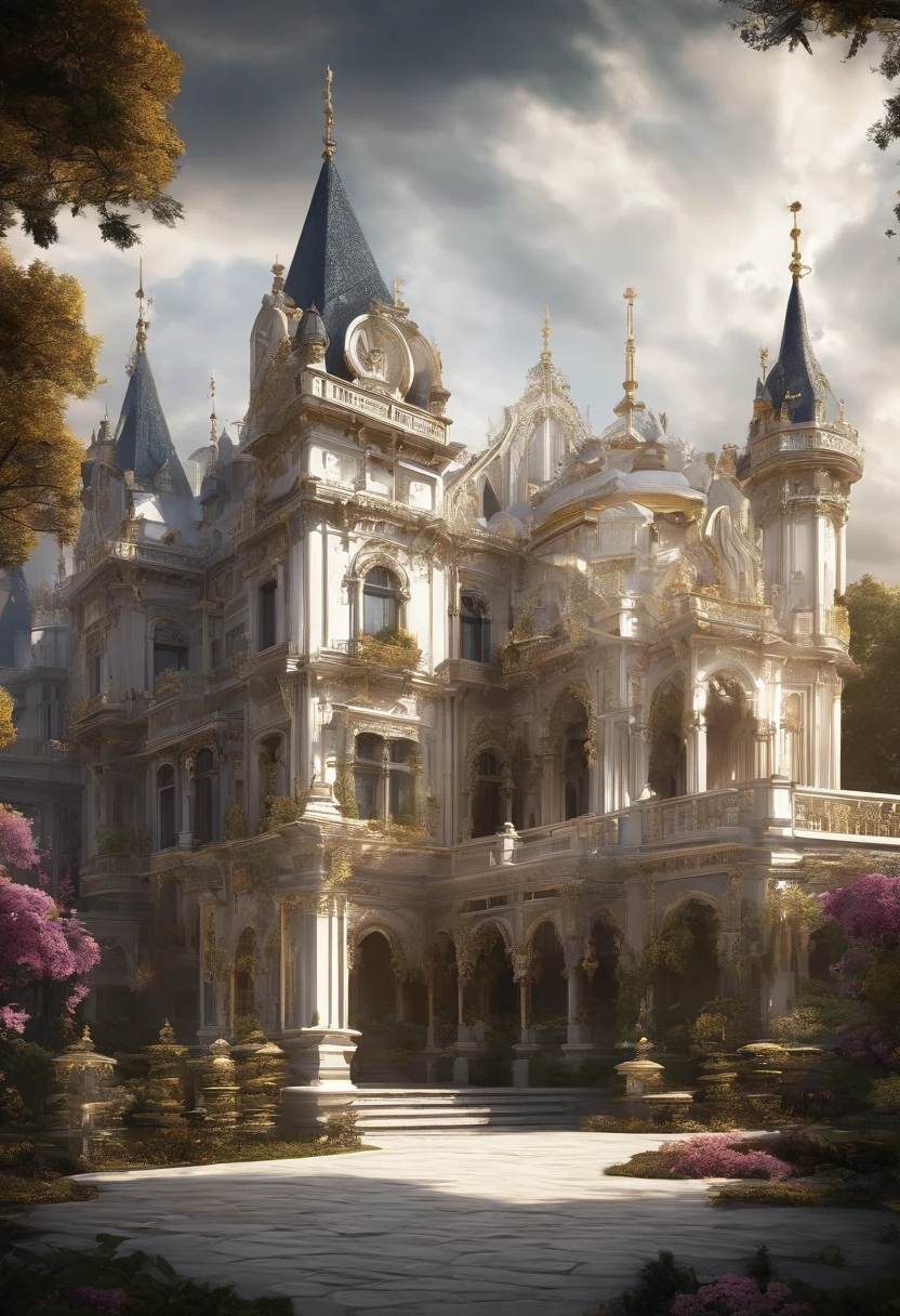 large palace with white walls, golden roofs, golden furnishings, large garden, variety of flowers, majestic