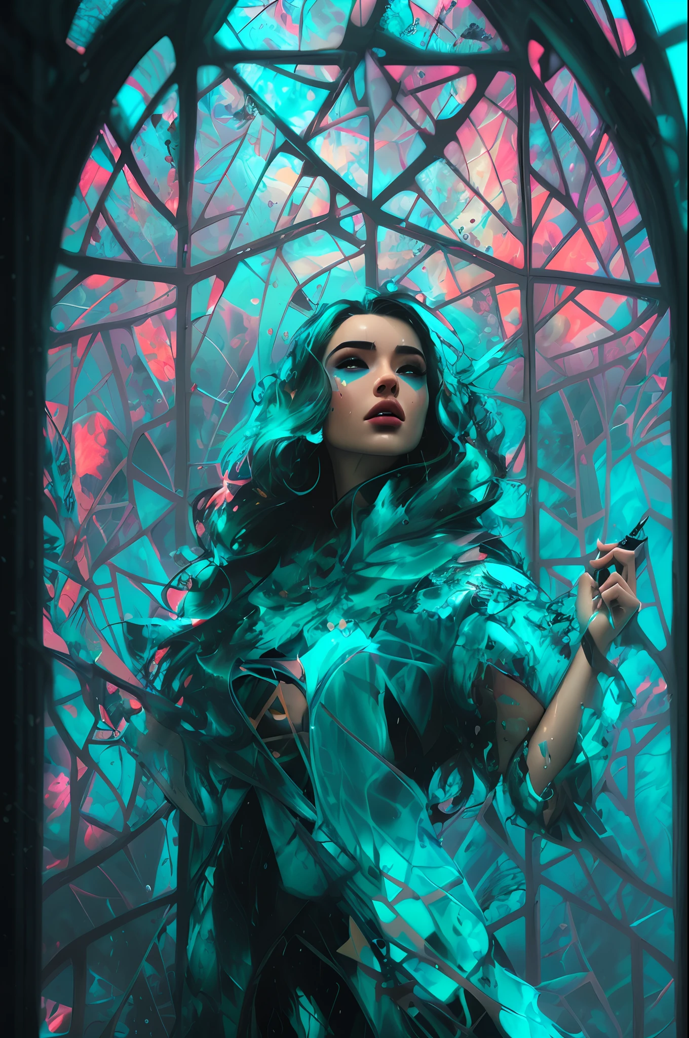 modelshoot style, (extremely detailed CG unity 8k wallpaper), Chaotic storm of intricate liquid smoke in the head, stylized beauty full - length abstract portrait, wet-skin, by petros afshar, ross tran, tom whalen, peter mohrbacher, artgerm, shattered glass, ((bubbly underwater scenery)) radiant light octane render highly detailed ((evil aesthetic))