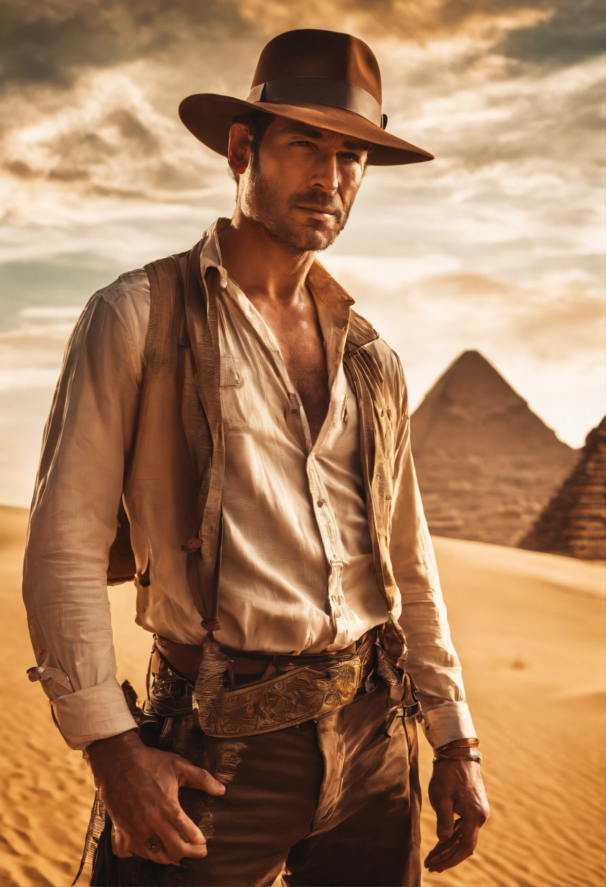 Illustration in Leyendecker style: Sexy man 36 years old, historian at excavations in a hot country, indiana jones, takes off his shirt, Chest hai