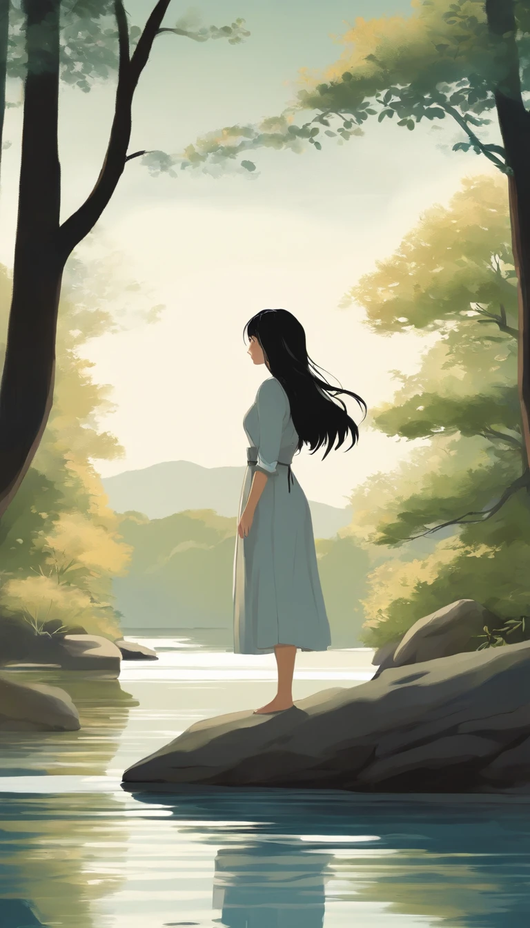 An illustration of a Japanese anime girl with lustrous black hair, influenced by the art style of Hayao Miyazaki. She has a gentle and introspective expression on her face, with a touch of melancholy. She is standing by a calm lake, surrounded by a serene natural landscape. The color temperature is cool, with soft blues and greens dominating the scene. The lighting is soft, with gentle sunlight filtering through the trees. The atmosphere is tranquil and contemplative.