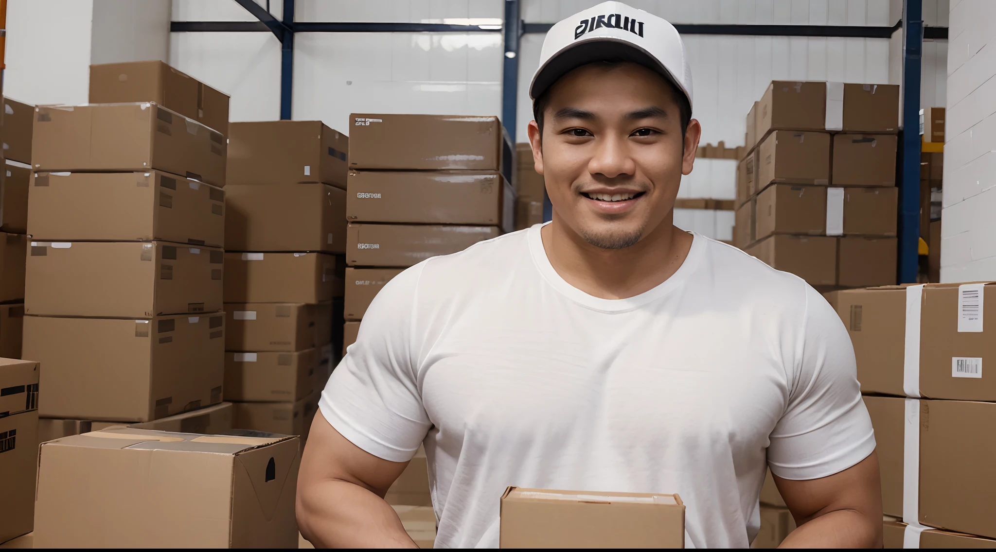 Asian man, ((ecommerce)), ((Top Quality, 8K, Masterpiece: 1.3)), foco nítido: 1.2, a handsome man with muscular figure: 1.4, The face and skin texture are delicately depicted, Detailed Eyes, shaved, handsome face, with goatee, symmetrical face, full-length, wearing plain whitet shirt, wearing plain white trucker cap, wearing thick eyeglasses, warehouse background, ecommerce, filipino, pinoy, warehouse background, ecommerce, smiling, happy, pinay, filipino, filipino man, volumetric lighting, holding a brown box