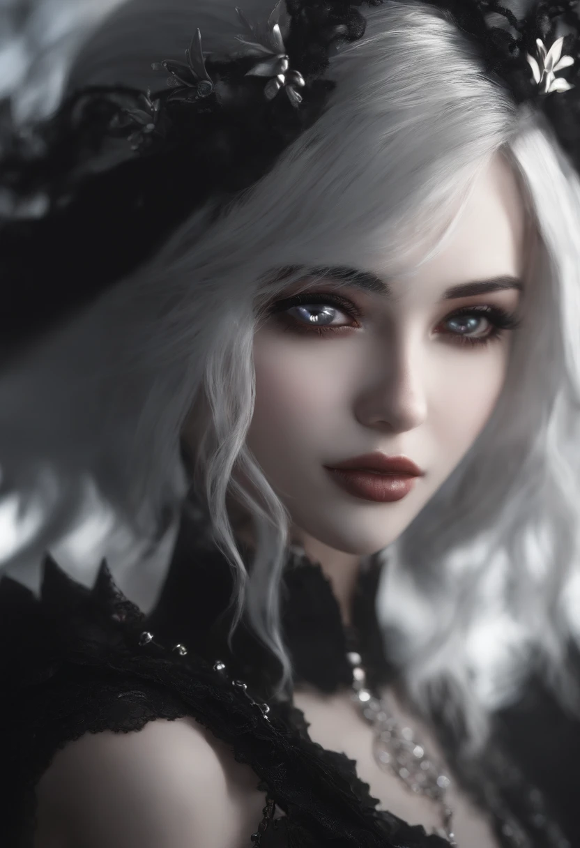 (High quality: 1.3), cinema shot, Masterpiece, (Sharp focus: 1.5), (Photorealistic: 1.3), Medium portrait (A beautiful young vampire woman, Pale skin, Gothic, Still proud and ferocious, Short straight black hair, dark look, Wear a highly detailed dark tunic, Dark atmosphere, But sculpted shapes with sharp chiaroscuro), is night, (Highly detailed skin), (Detailed face), Detailed background, Dark lighting, twilight lighting, voluminetric lighting, Complex details, hyper HD,