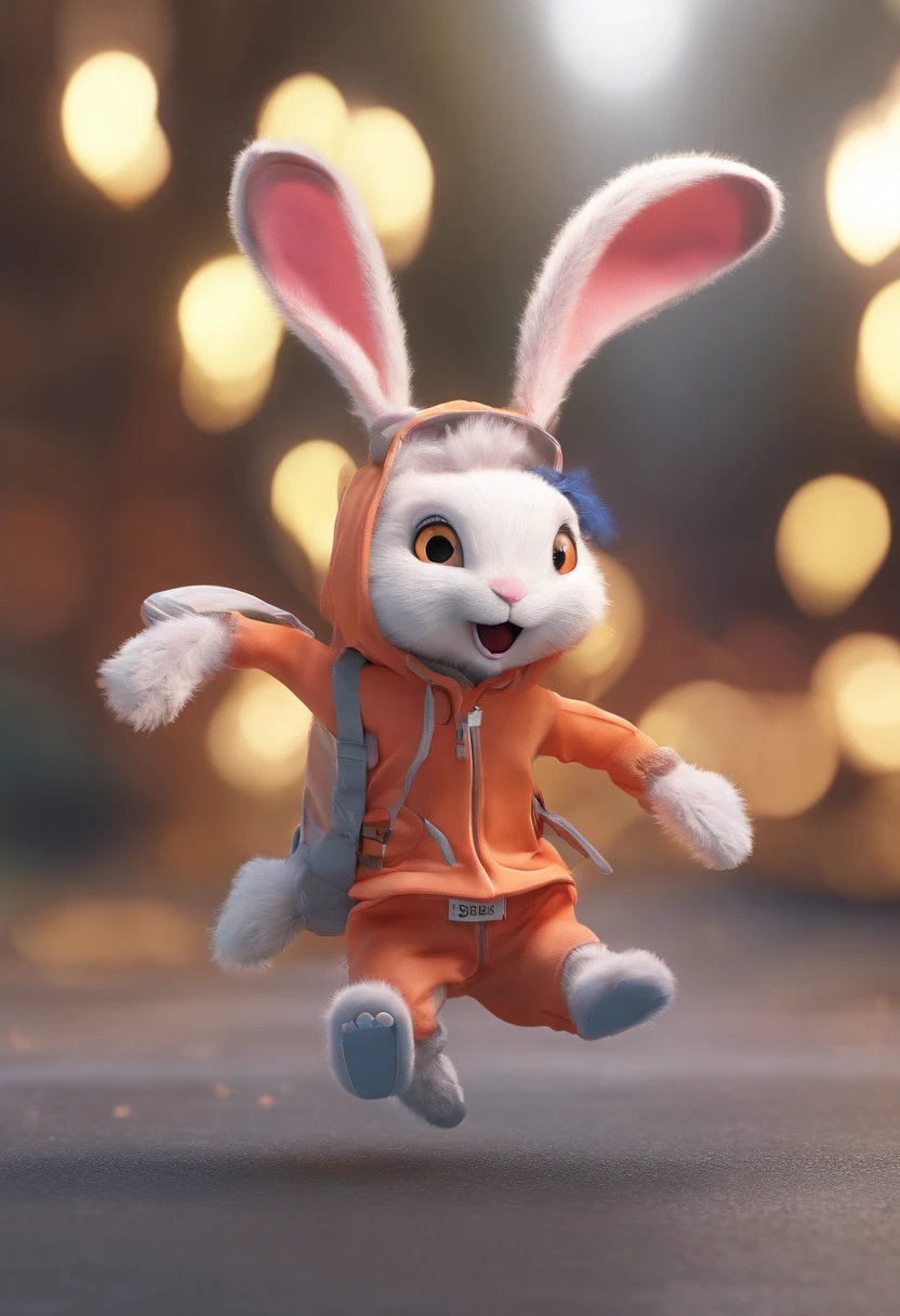 One with bright eyes, Rabbits with furry ears and tracksuits running
