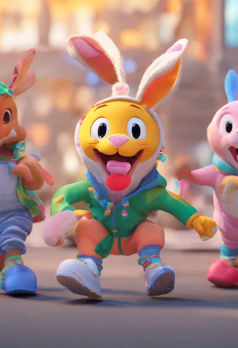 One with bright eyes, Rabbits with furry ears and tracksuits running