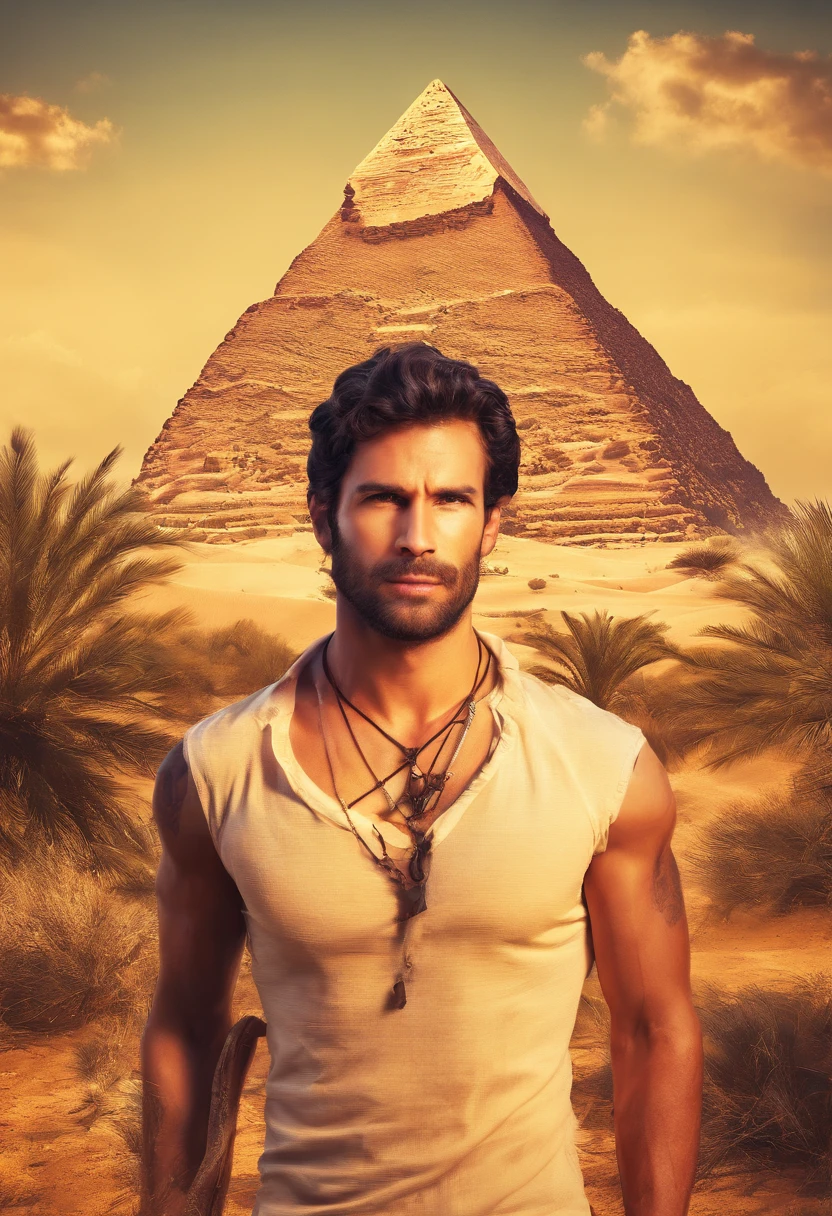 Showcase a portrait of a man, dressed like Nathan Drake, to be used as a YouTube channel thumbnail and profile picture, the man is standing in front of the Egyptian pyramids in the hot desert sun, but facing us so we can see his rugged, handsome face. It is a bright sunny day. It should be fun and adventurous with a hint of mystery. 8k