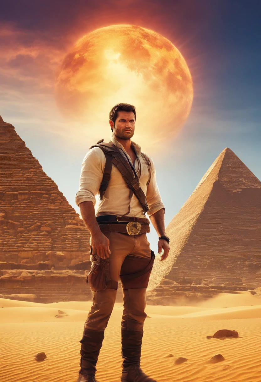Showcase a portrait of a man, dressed like Nathan Drake, to be used as a YouTube channel thumbnail and profile picture, the man is standing in front of the Egyptian pyramids in the hot desert sun, but facing us so we can see his rugged, handsome face. It is a bright sunny day. It should be fun and adventurous with a hint of mystery. 8k
