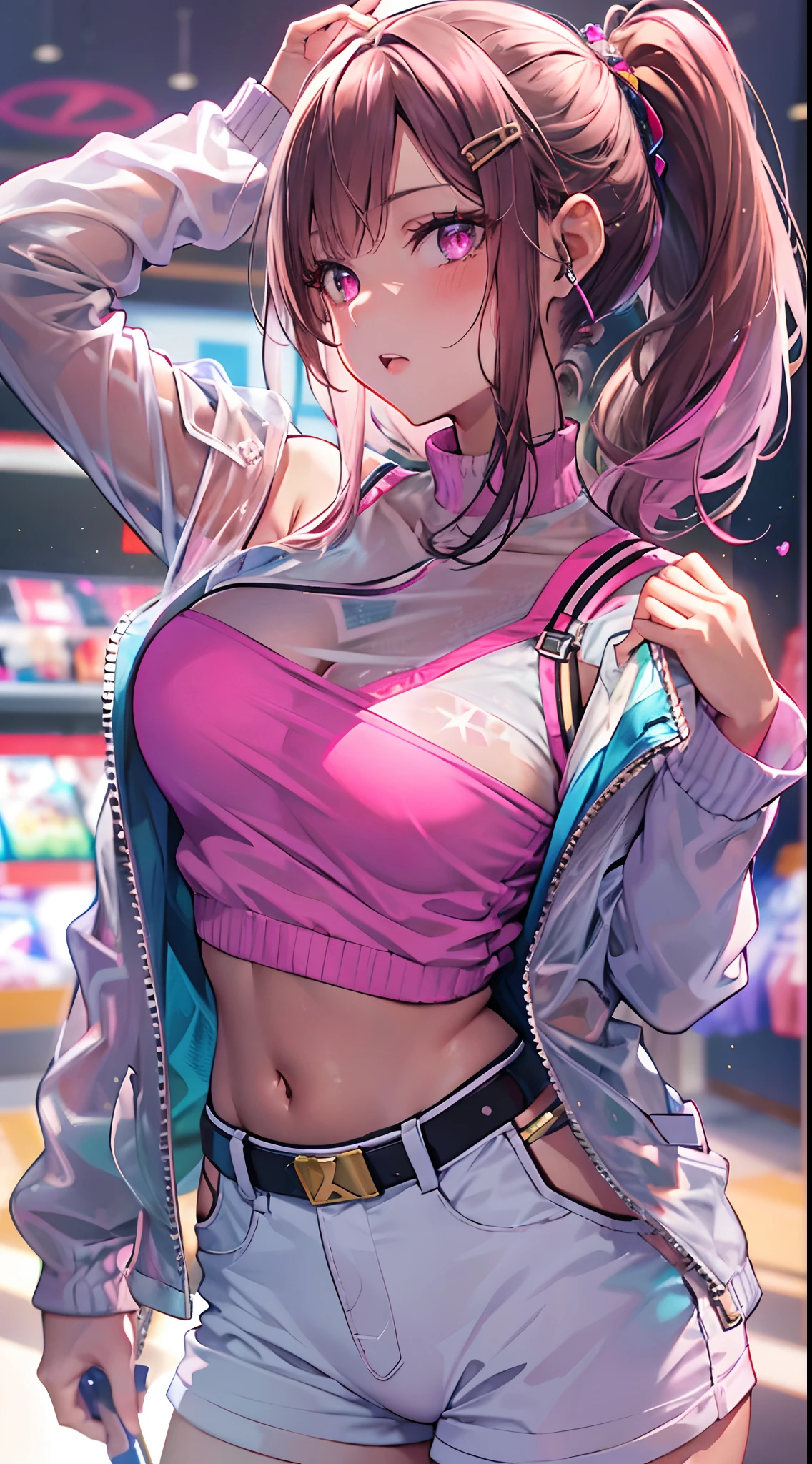 ((Masterpiece)), best quality, absurderes, ultra detailed, holographic, cowboy shot, golden ratio, super cute girl, mature girl, idol girl, super beautiful asian girl with very beautiful violet glowing eyes, beautiful glowing brown multicolored hair, high ponytail, nice and sexy body, slim body, perfect body, an anime printed super tight off shoulder long sleeve crop top, a super aesthetic transparent mini jacket, beautiful hair ornament, pink jordan tennis, being photographed in a mall shop, undressing, showing neon pink panties, showing thong,
