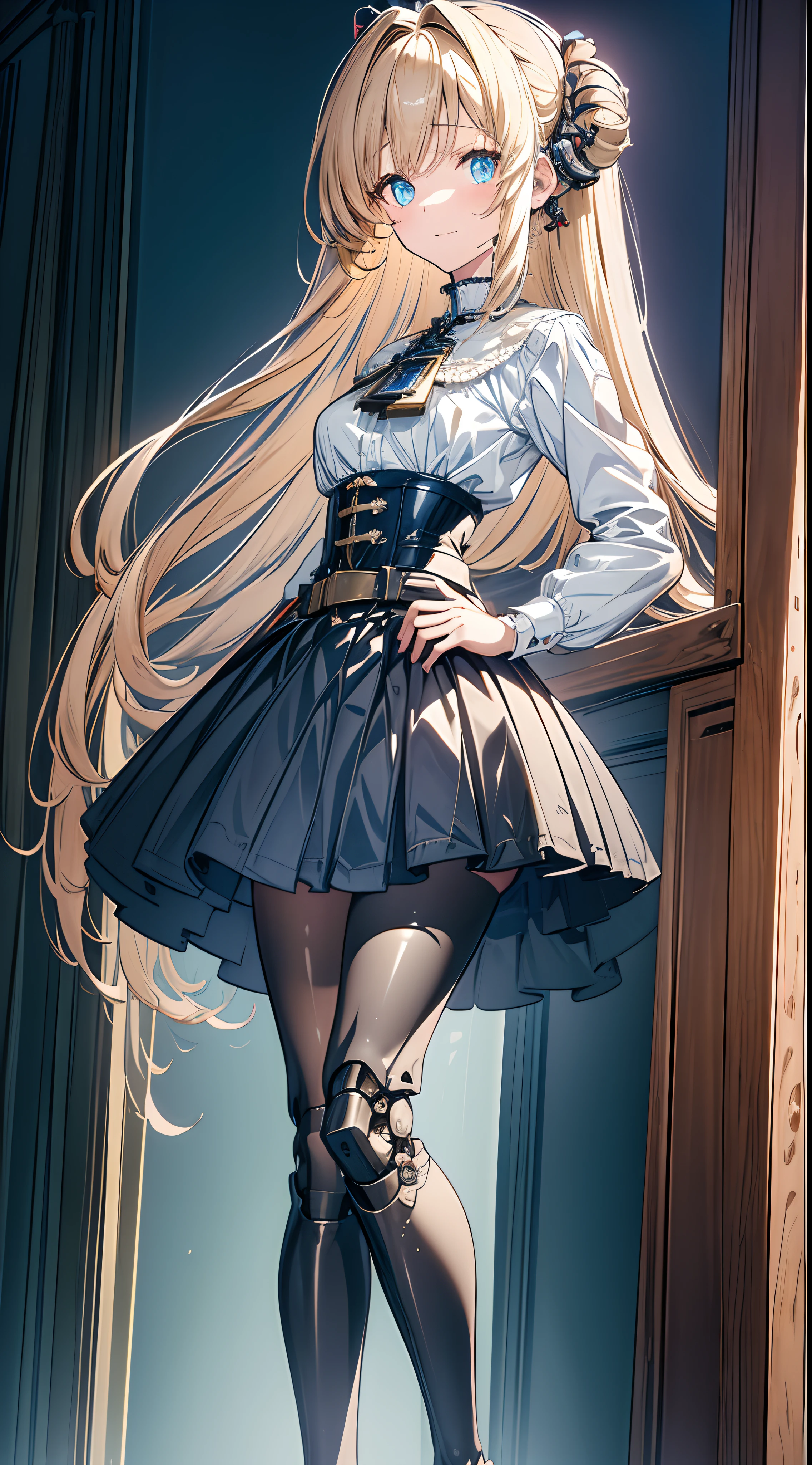 (((​masterpiece)))、((top-quality))、(The ultra-detailliert)、(CG Illustration)、(Very Beautiful Little Girl))、Cinematic Light、((1 Mechanical Girl))、 scientific fiction、Apocalypse、Erotic grotesque、research institute(Beautiful and indulgent:1.2)、(1girl in:1.3)、Facing the front,a blond,Corset Belt,blue high waist skirt,