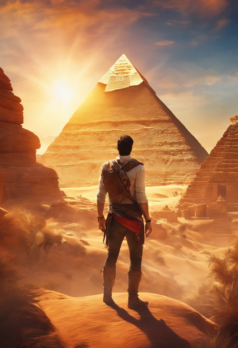 Showcase a portrait of a man, dressed like Nathan Drake, to be used as a YouTube channel thumbnail and profile picture, the man is standing in front of the Egyptian pyramids, but facing us so we can see his rugged, handsome face. It is a bright sunny day. It should be fun and adventurous with a hint of mystery. 8k