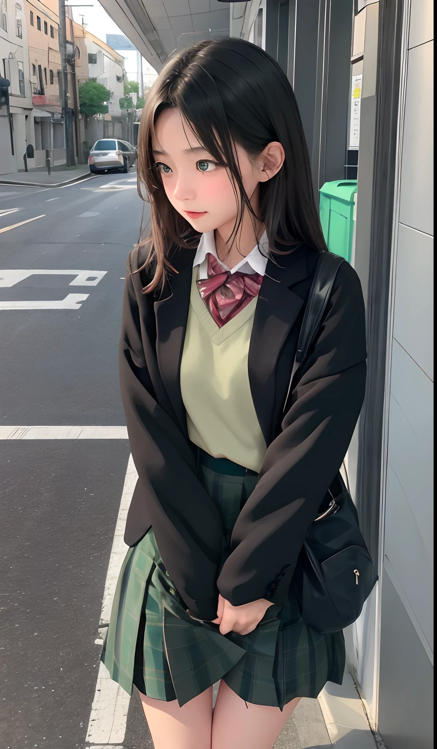 only、hi-school girl、a picture、One girl is taking her to the bathroom、Looking away、is standing、green colored eyes、embarrassed from、Blushing、Keep your mouth shut、a street(girl is peeing self:0.4)