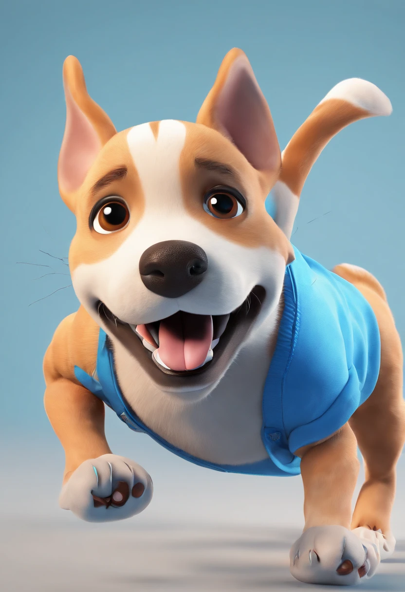 A male puppy wearing blue tracksuit running on blank background