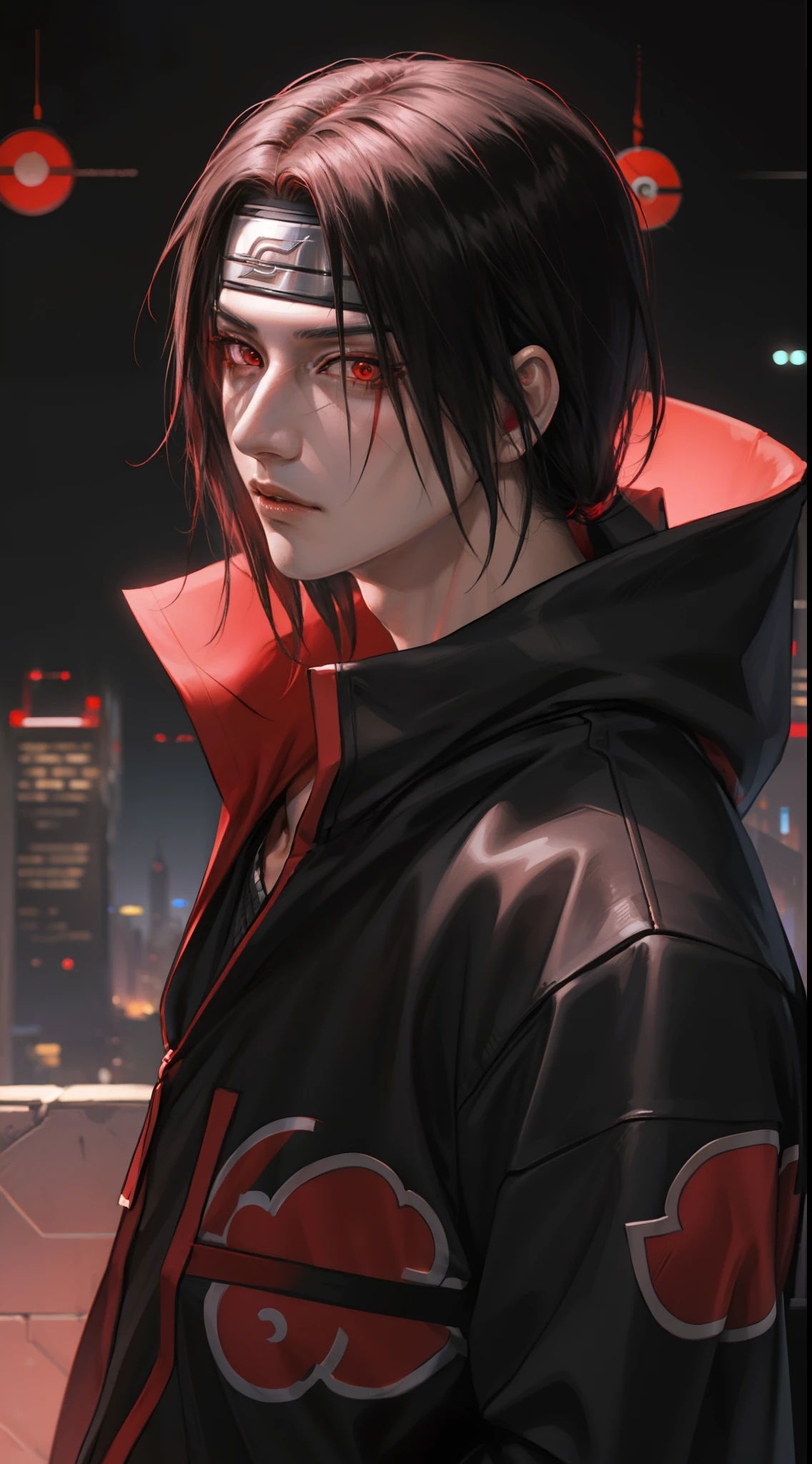 Masterpiece, Uchiha Itachi, cyberpunk style, 1boy, red eyes, male focus, solo, simple background, upper body, looking at viewer, Urban Streetwear , cyberpunk Hoodie, high detailed, dinamic lighting