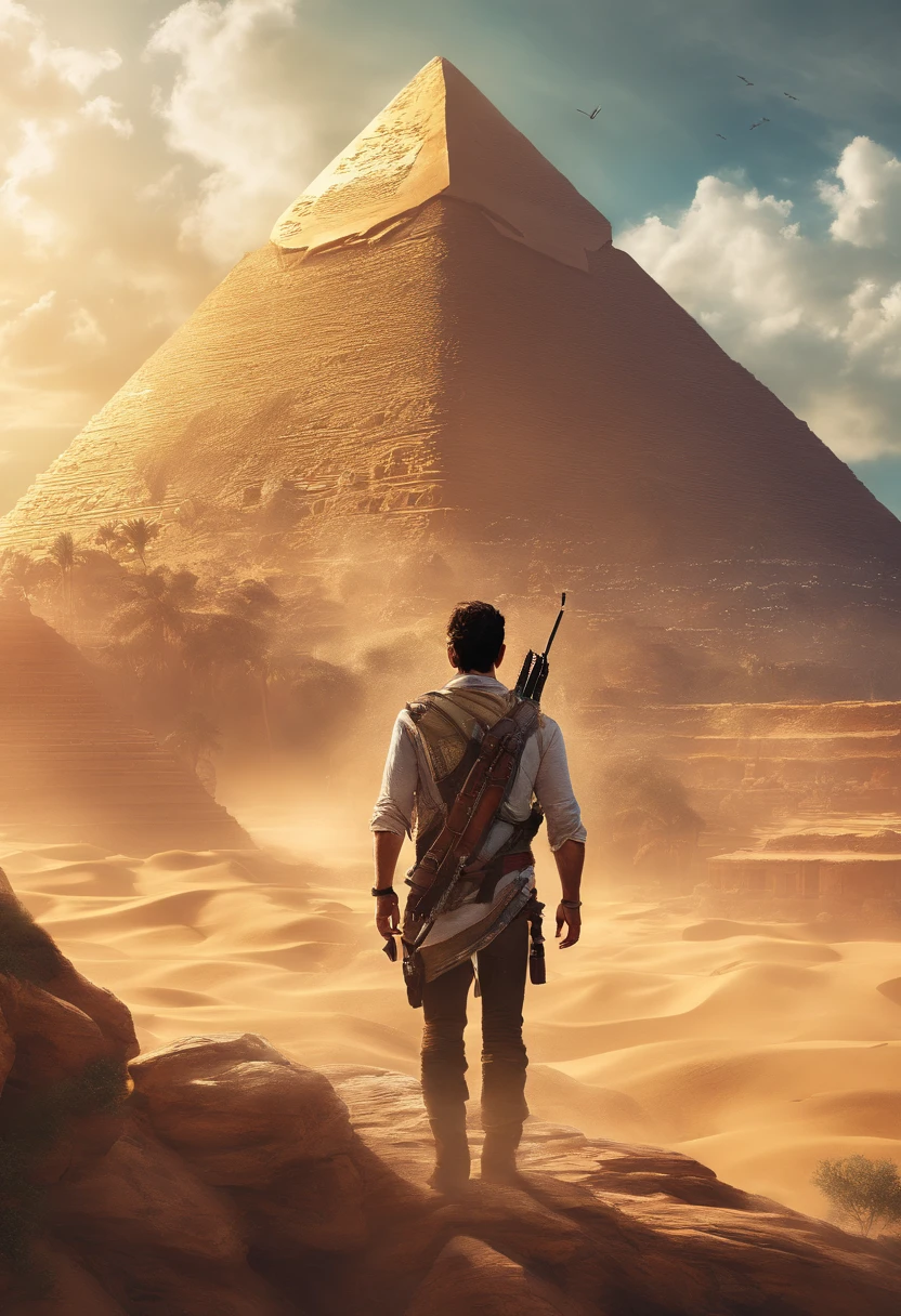 Showcase a portrait of a man, dressed like Nathan Drake, to be used as a YouTube channel thumbnail and profile picture, the man is standing in front of the Egyptian pyramids, facing us so we can see his rugged handsome face. It is a bright sunny day. It should be fun and adventurous with a hint of mystery. 8k