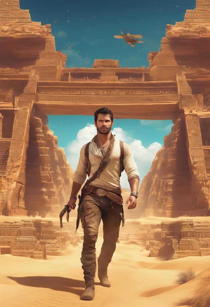 Showcase a portrait of a man, dressed like Nathan Drake, to be used as a YouTube channel thumbnail and profile picture, the man is standing in front of the Egyptian pyramids, facing us so we can see his rugged handsome face. It is a bright sunny day. It should be fun and adventurous with a hint of mystery. 8k