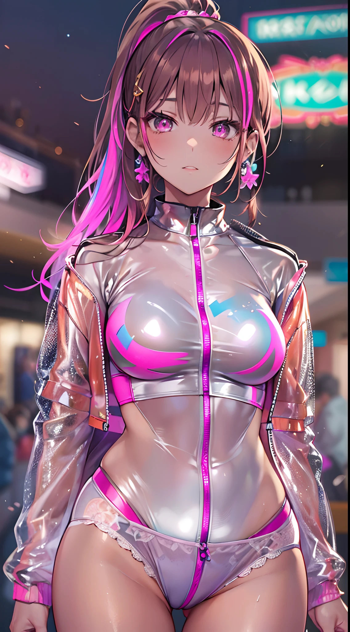 ((Masterpiece)), best quality, absurderes, ultra detailed, holographic, cowboy shot, golden ratio, super cute girl, mature girl, idol girl, super beautiful asian girl with very beautiful violet glowing eyes, beautiful glowing brown multicolored hair, high ponytail, nice and sexy body, slim body, perfect body, an anime printed super tight off shoulder long sleeve crop top, a super aesthetic transparent mini jacket, beautiful hair ornament, pink jordan tennis, being photographed in a mall shop,( undressing, showing neon pink panties, showing thong: 1.5)