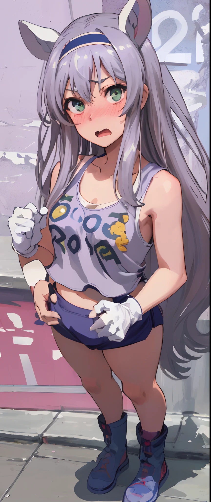 best quality, (masterpiece:1.2), detailed,
Sistine Fibel,
1girl, solo, open mouth, wavy mouth, nose blush, embarrassed, medium breasts,
long hair, grey hair, green eyes, blue hairband, animal ears, navel, gloves, (((cropped tank top, 20 years old))), (((ultra-detailed eyes))), ((standing,  full body)).