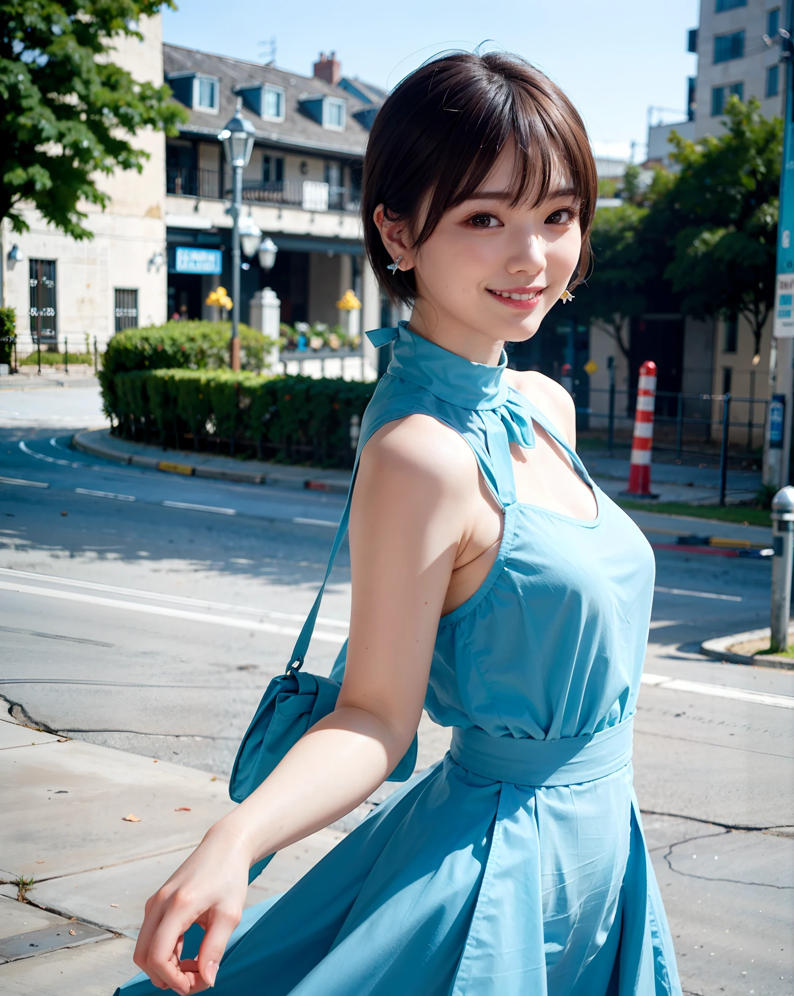 a woman posing on the street corner with light blue dress on, best quality, 1girl, large breasts, day, bright, blur background, bokeh, outdoor, (street:0.8), (people, crowds:1), (lace-trimmed dress:1.5, sleeveless dress, light blue clothes, light blue high-neck dress:1.2, blue dress: 1.5), gorgeous, (short hair, forehead:1.2), beautiful detailed sky, earrings, (dynamic pose:1.2), (upper body:0.8), soft lighting, wind, shiny skin, smile,