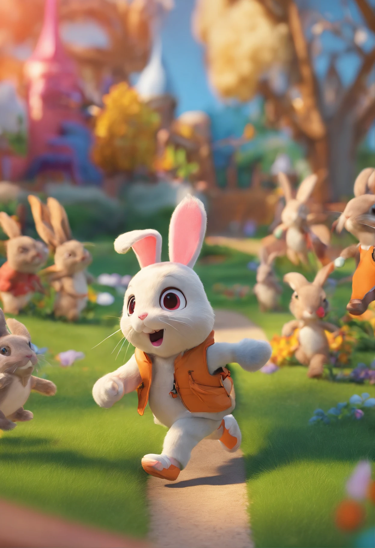 One with bright eyes, Rabbits with furry ears and tracksuits running